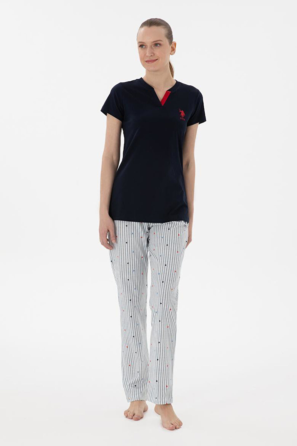 U.S. Polo Assn. Kadın V Yaka Yarım Kollu Patlı Çizgili Pijama Takım