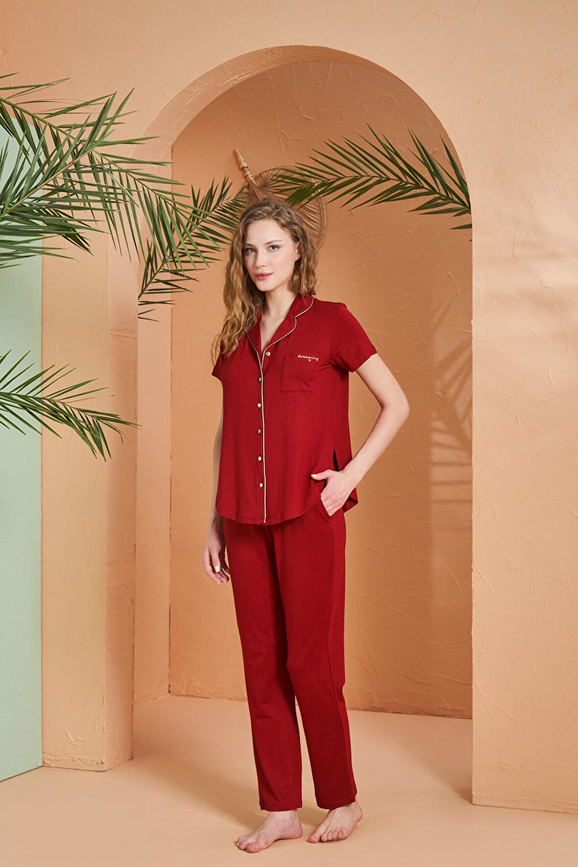 Pjs 27069 Dreaming Kadın Gold Detaylı Boydan Düğmeli Kısa Kollu Pijama Takım