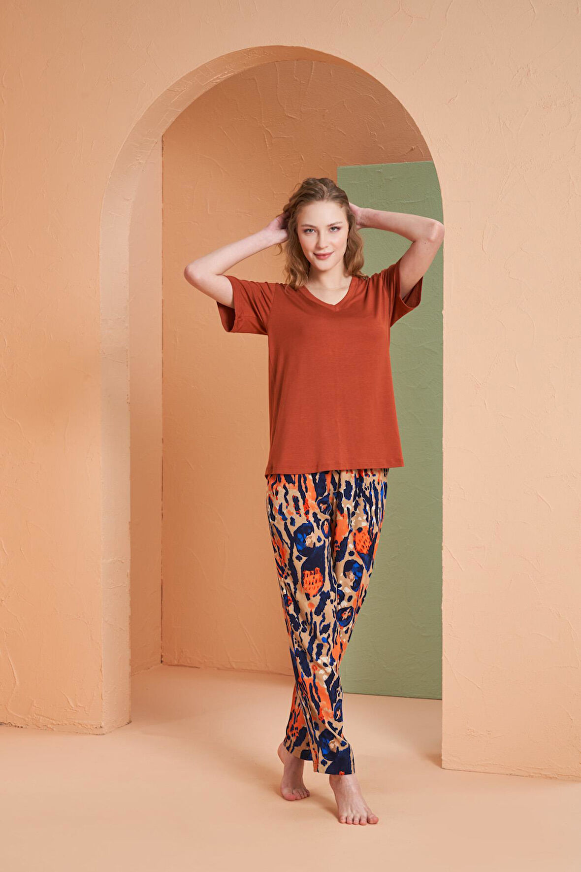 Pjs Kadın Kiremit Desenli V Yaka Kısa Kollu Pijama Takım