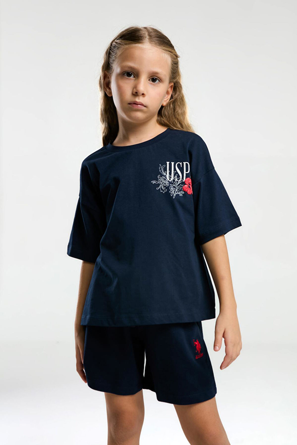 U.S. Polo Assn. 2072 Garson Çiçek Desenli Kız Çocuk Lacivert Bisiklet Yaka Kısa Kollu Şort  Pijama Takım