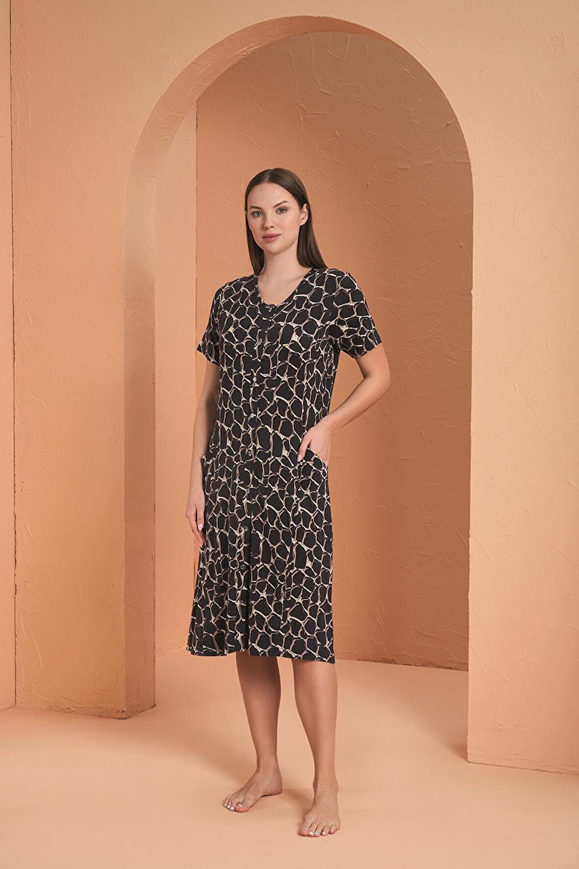 Pjs Kadın Viskon  Boydan Düğmeli Kısa Kollu Desenli Elbise