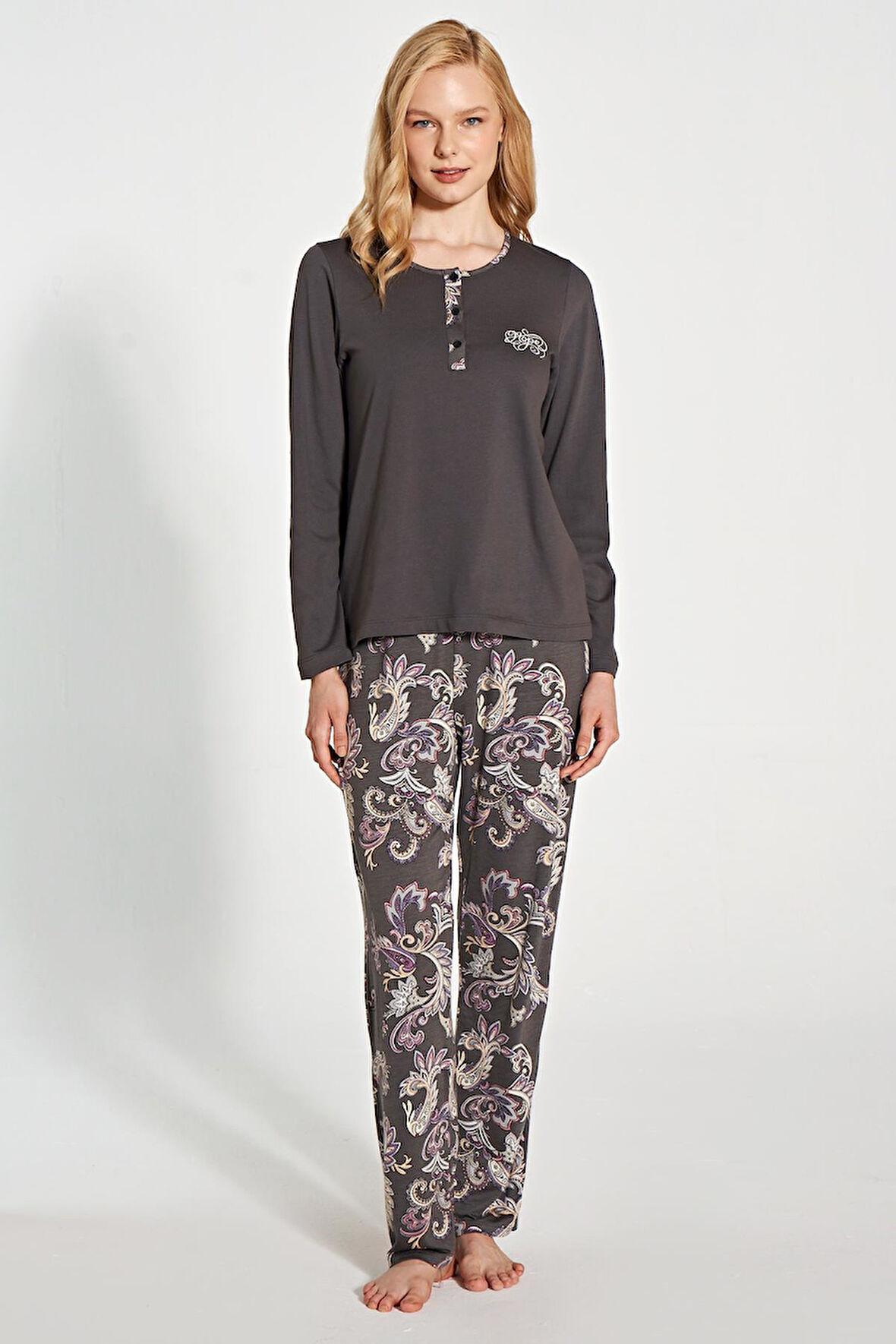 Gd Goldoremi 1782 Kadın Patlı Düğmeli Desenli Uzun Kol Pijama Takım