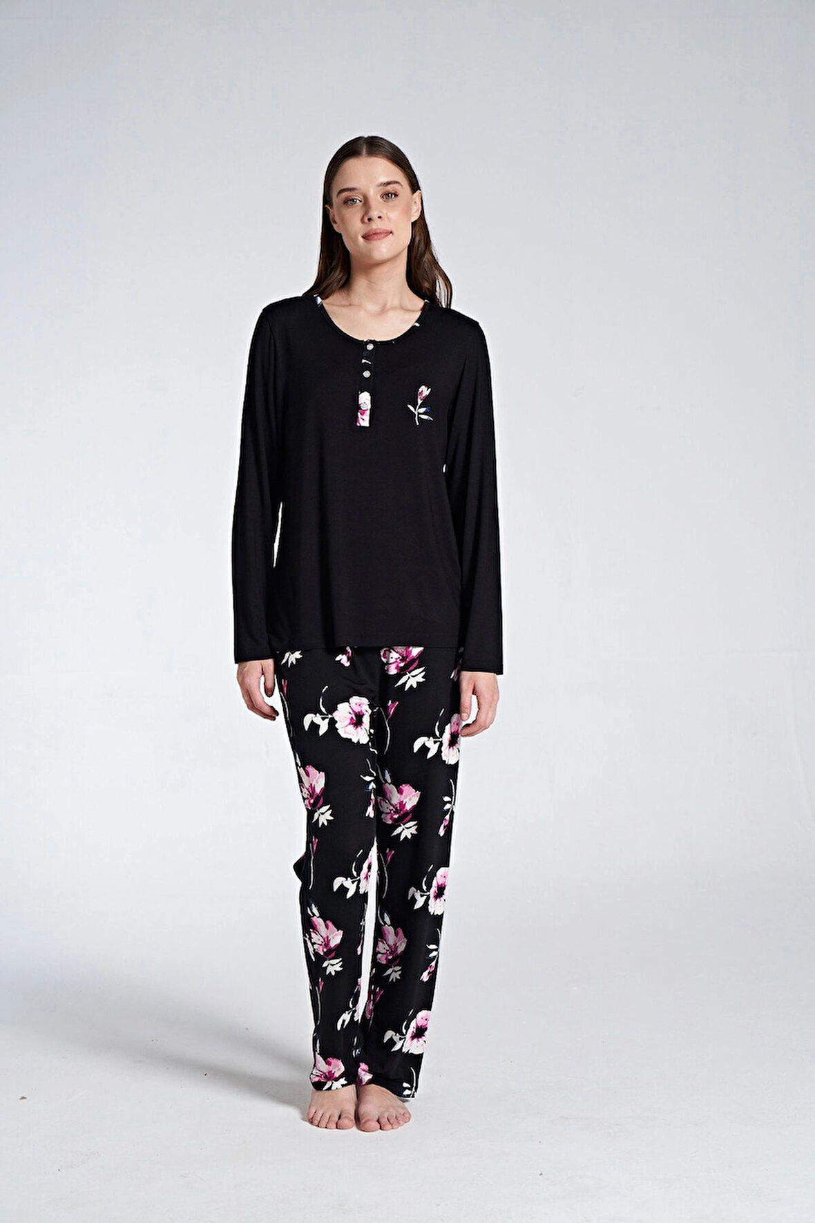 Gd Goldoremi 1761 Kadın Düğmeli Çiçek Desenli Uzun Kol Pijama Takım