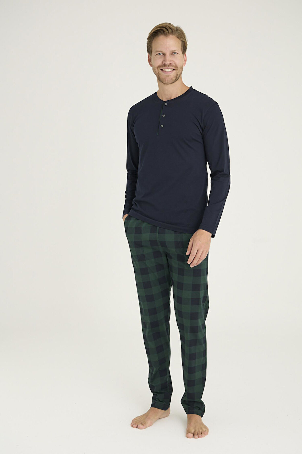 Kly Erkek %100 Pamuklu Düğmeli Yaka Ekose Desen Uzun Kollu Pijama Takım