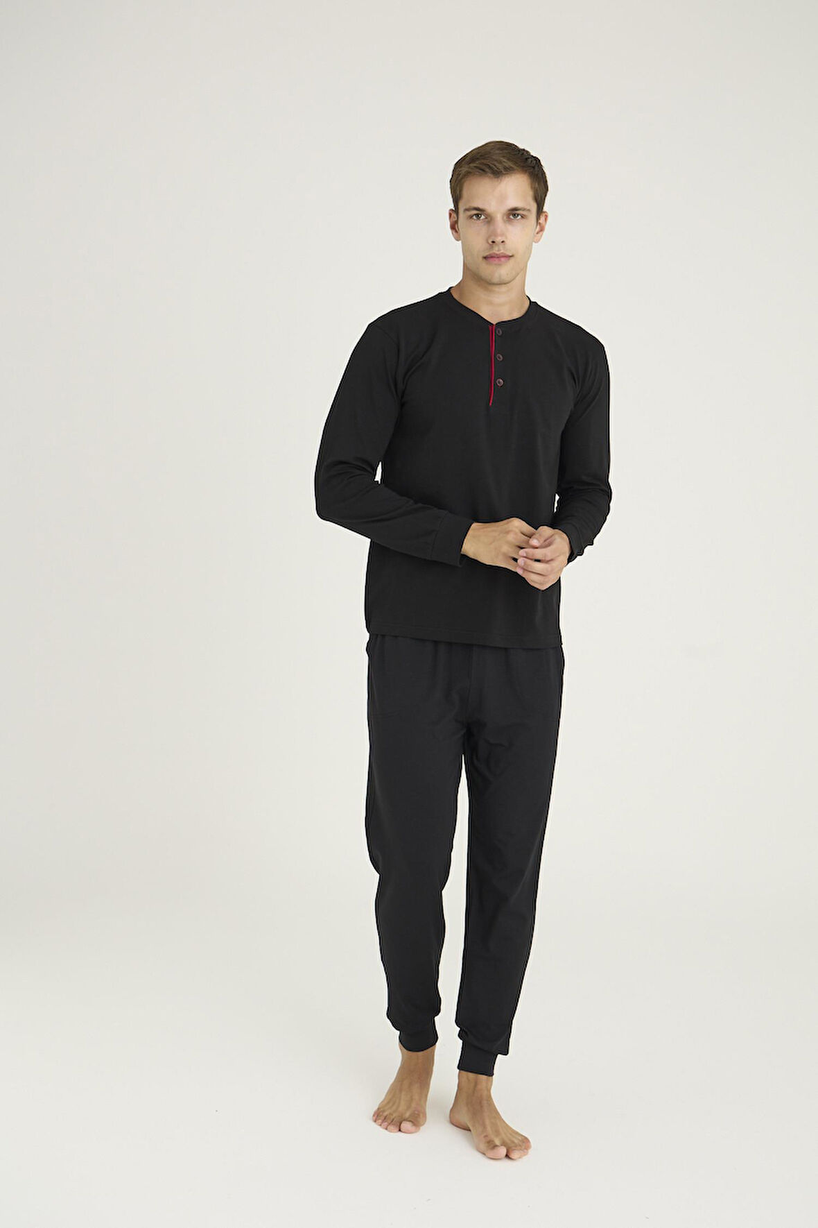Kly Erkek Büyük Beden %100 Pamuklu Düğmeli Manşetli Uzun Kol Pijama Takım