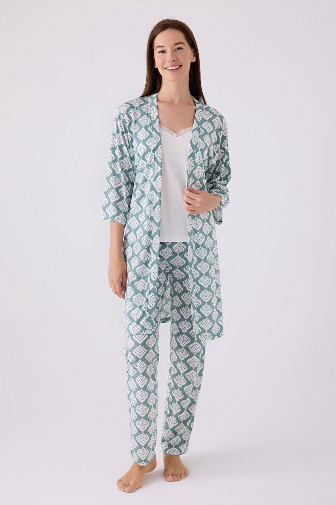 Pierre Cardin Kadın Sabahlıklı Uzun Kol İp Askılı V Yaka 3'lü Pijama Takım