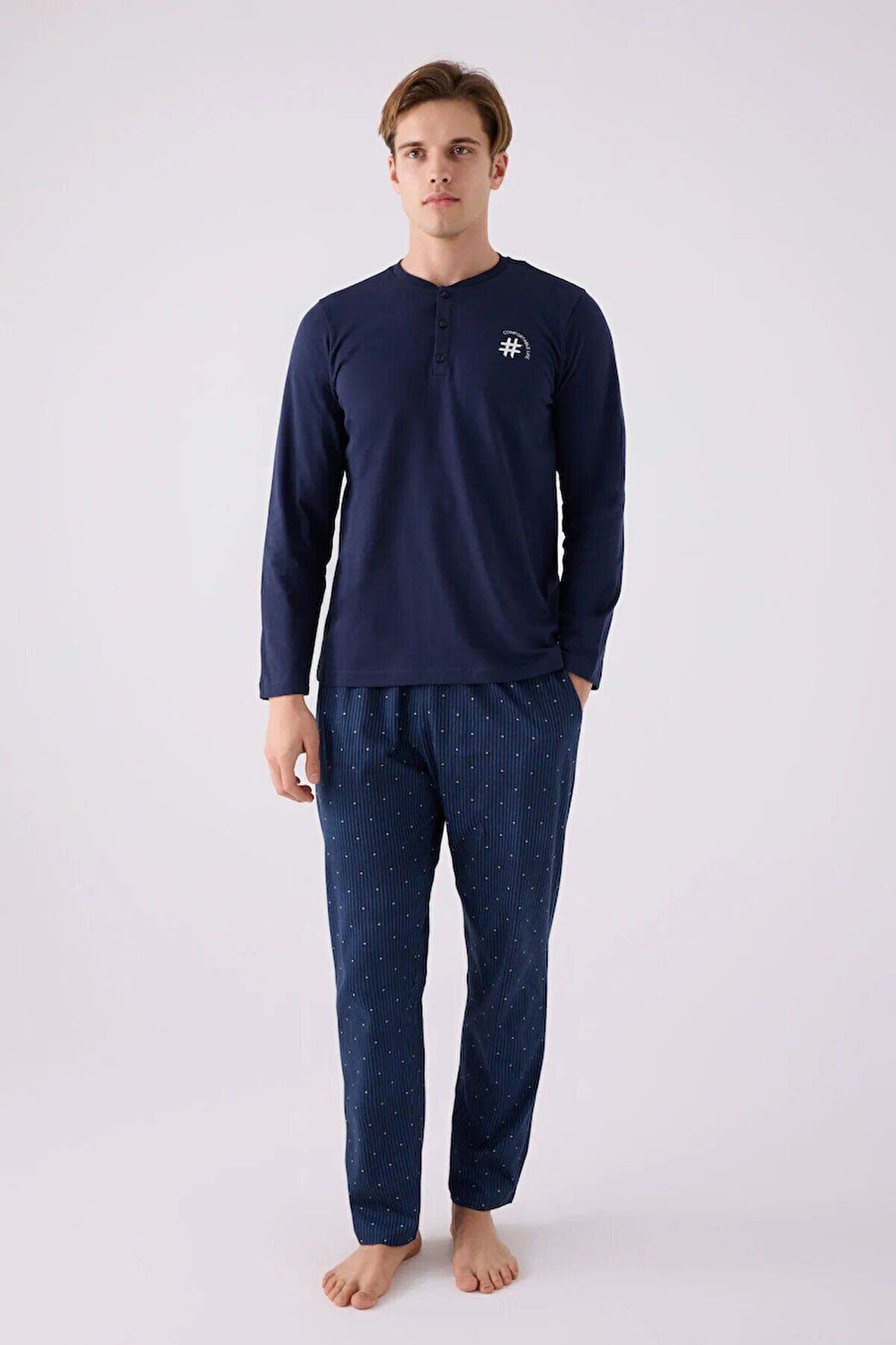 Arnetta Erkek Pamuklu Comfortablelıfe Bisiklet Yaka Uzun Kollu Pijama Takım