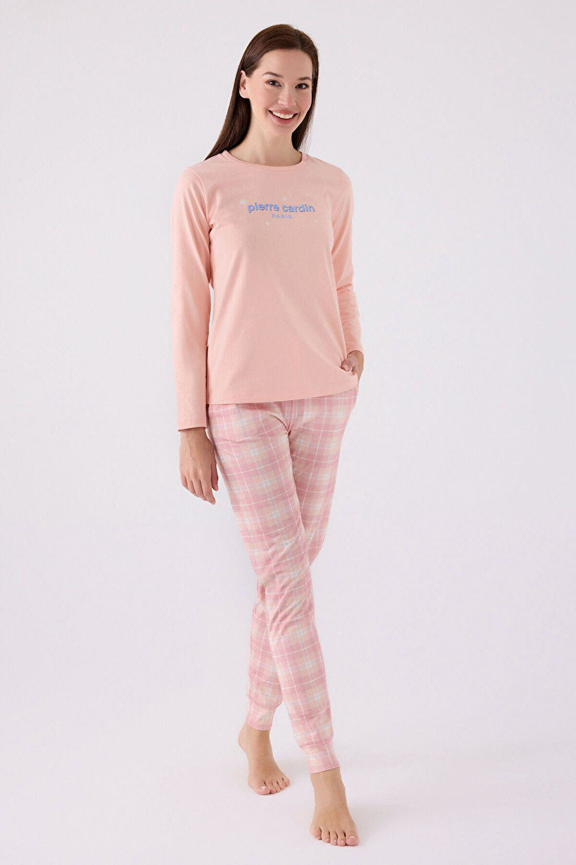 Pierre Cardin Kadın Pamuklu Rahat Uzun Kollu Ekose Pijama Takım