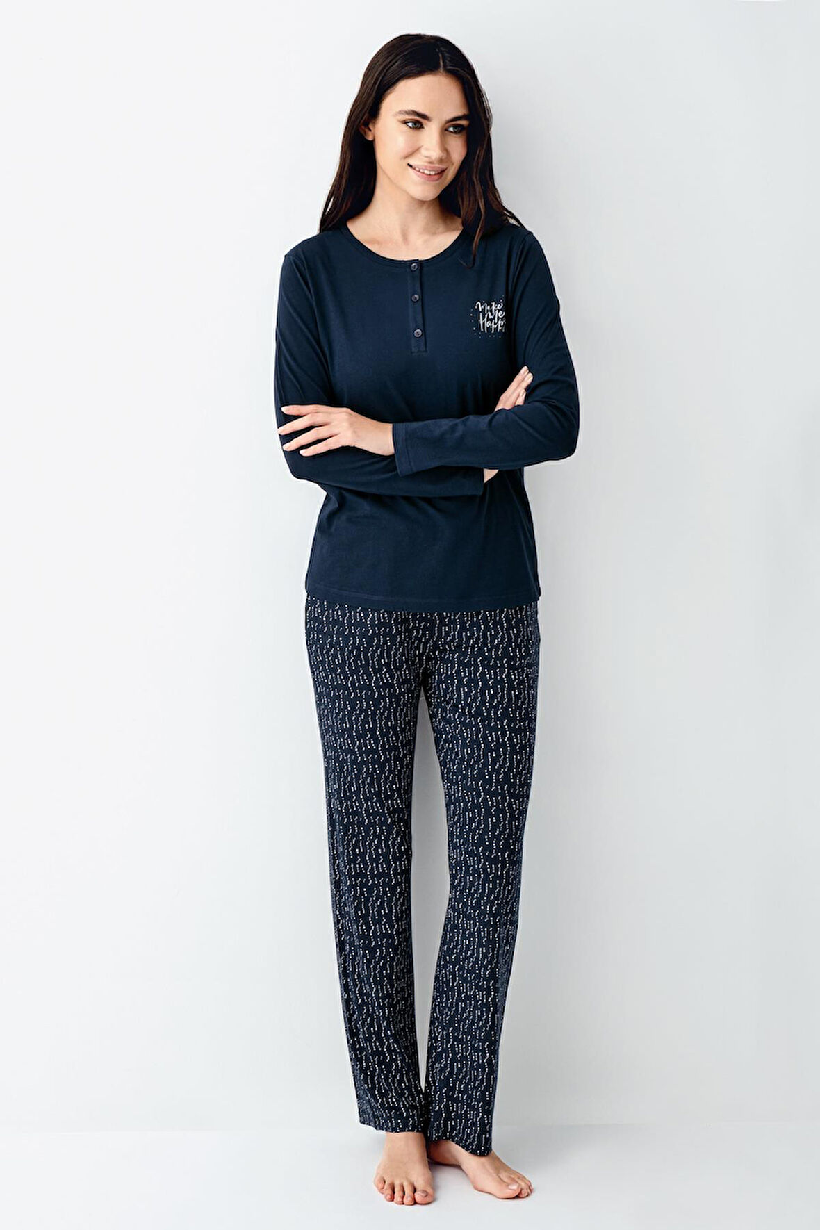 Arnetta Make Me Happy Kadın Modal Pamuklu Rahat Uzun Kollu Pijama Takım