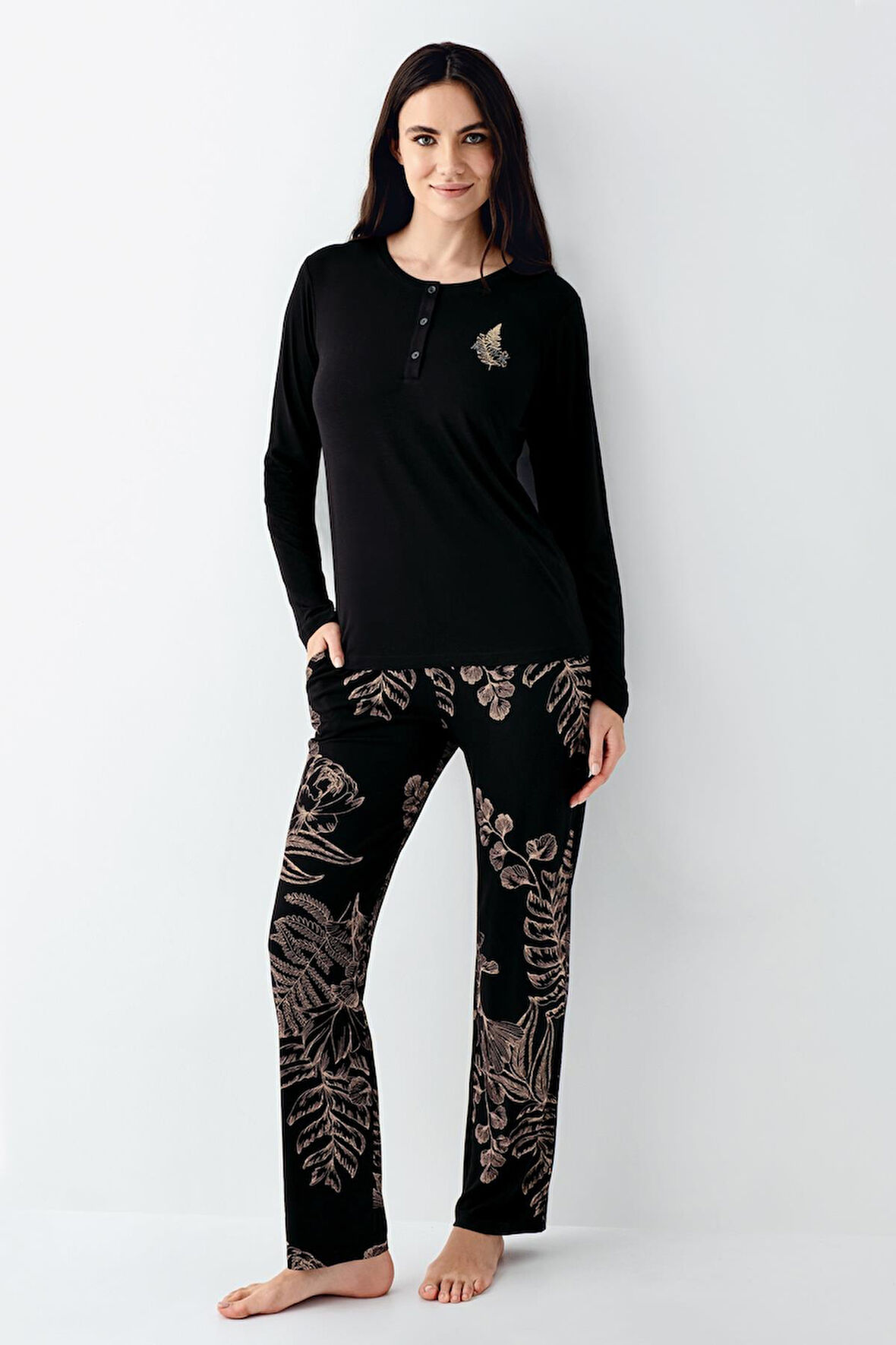 Arnetta Kadın Büyük Beden Modal Pamuklu 4 Mevsimlik Desenli Uzun Kollu Pijama Takım