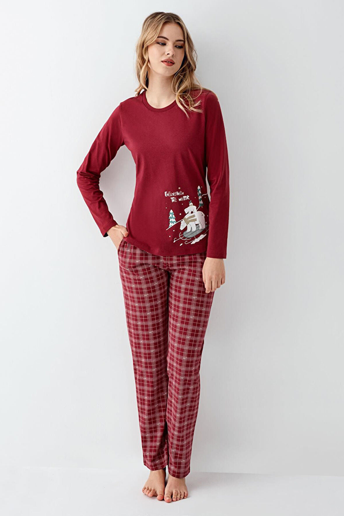 Arnetta Kadın Aile %100 Pamuklu 4 Mevsim Ekoseli Uzun Kollu Pijama Takım