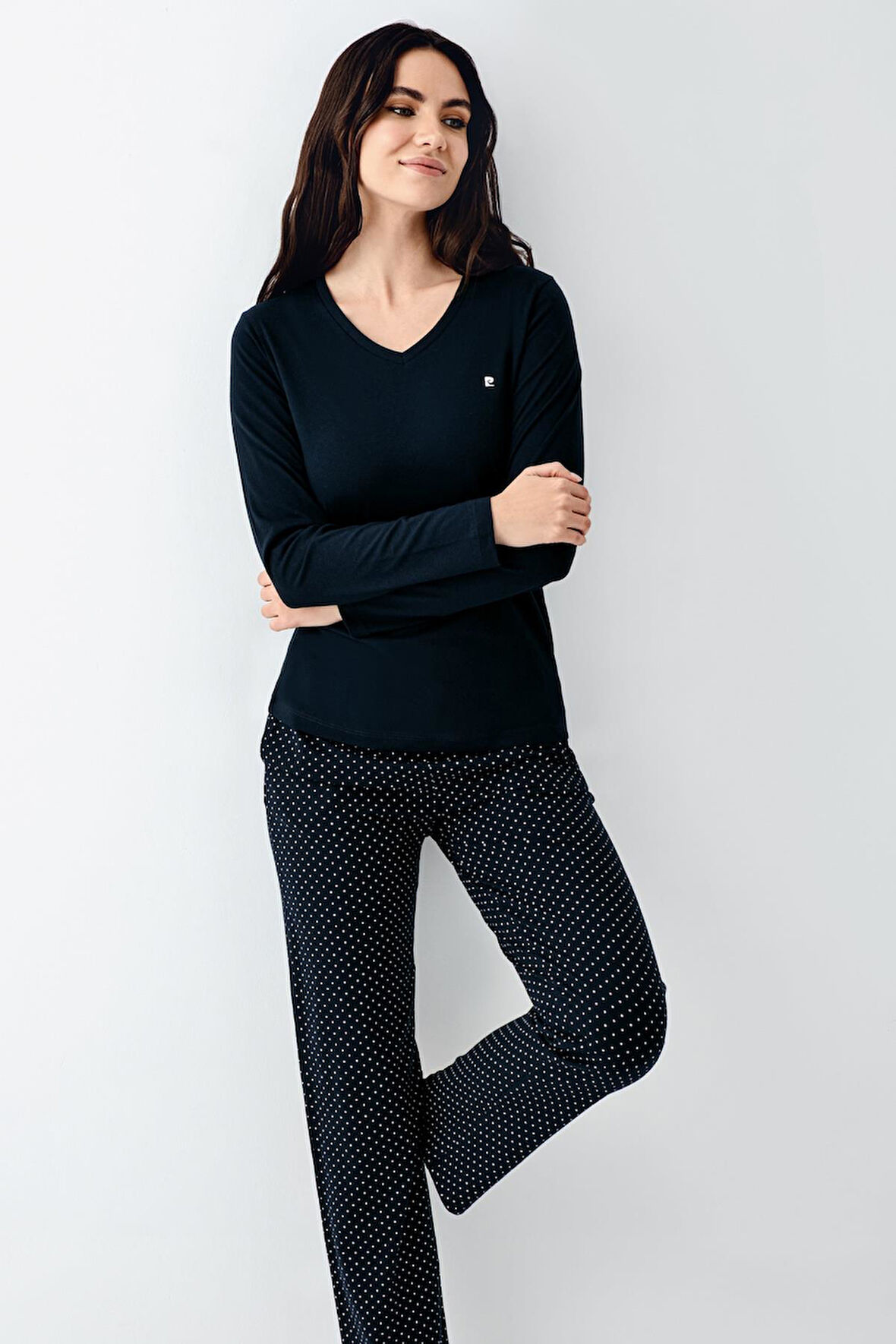 Pierre Cardin Paris Büyük Beden Modal Pamuklu Kadın Puantiyeli V Yaka Uzun Kollu Pijama Takımı