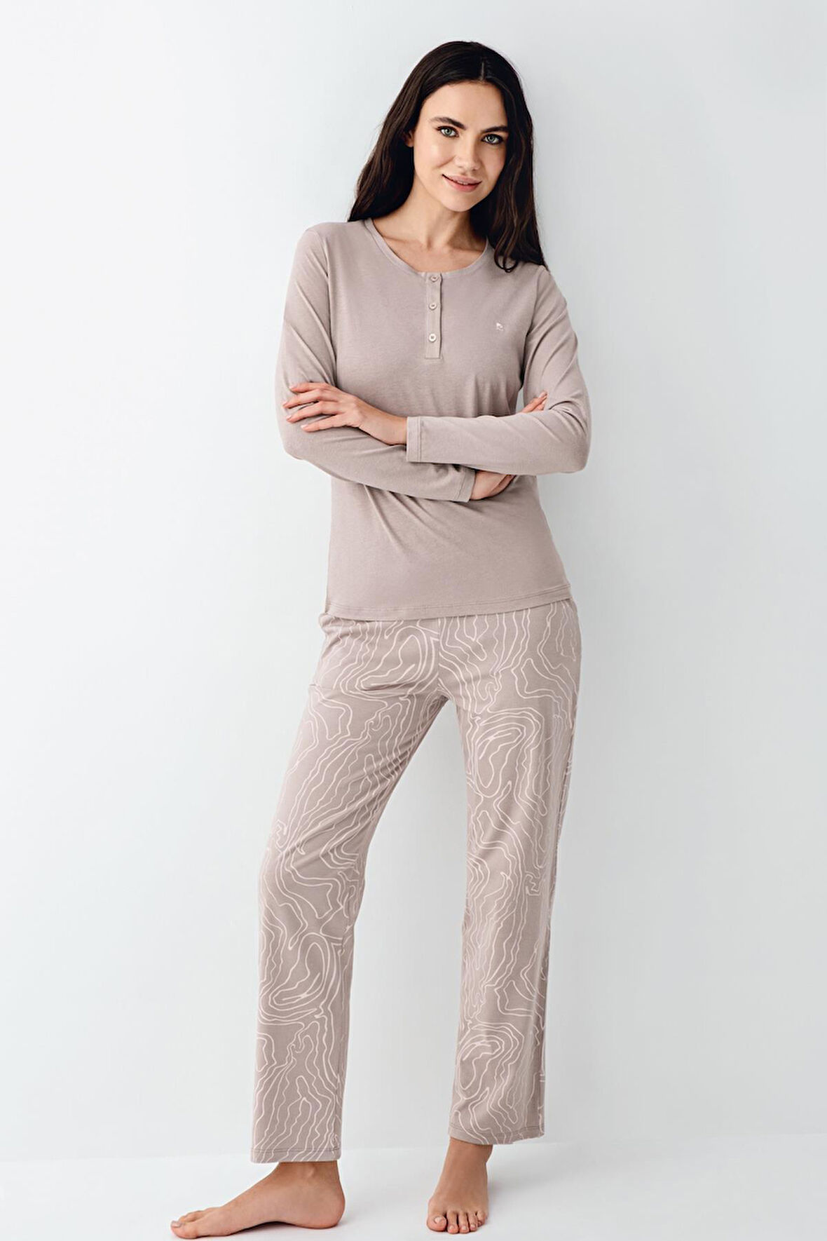 Pierre Cardin Paris Kadın Modal Pamuklu Vizon Düğmeli Uzun Kollu Pijama Takım
