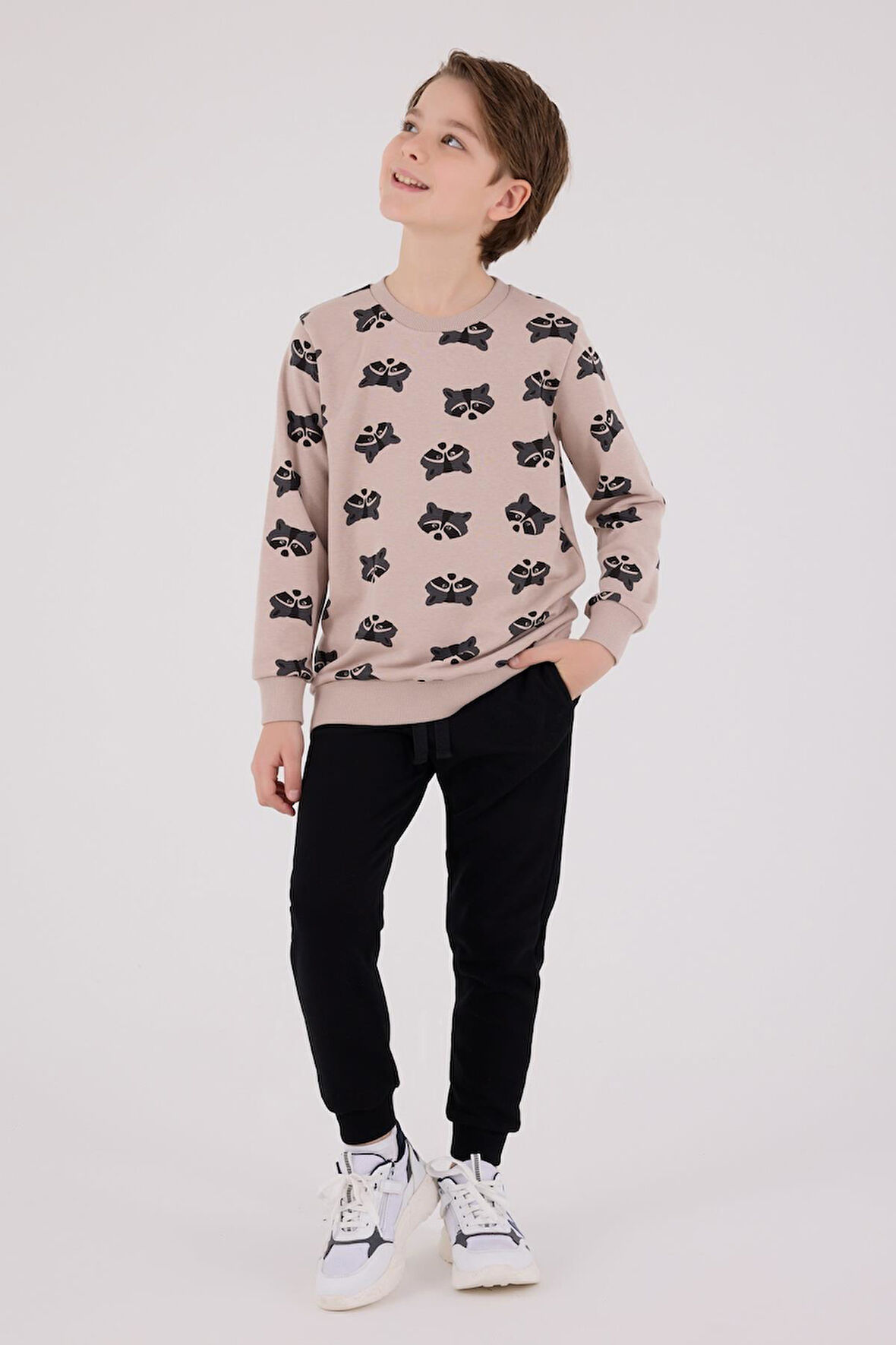 Roly Poly Erkek Çocuk Bej Desenli Pamuklu Uzun Kollu Eşofman Takım