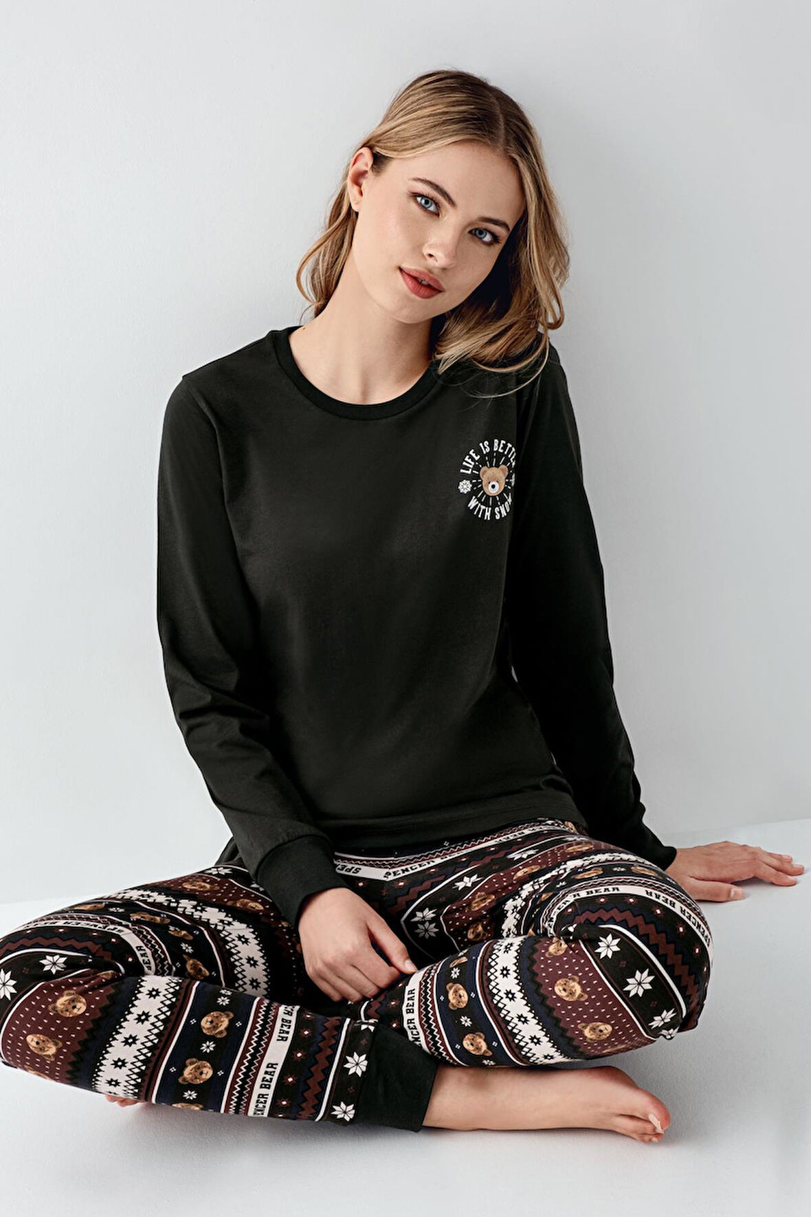 Arnetta Kadın Aile Bear My Little Friend %100 Pamuklu 4 Mevsim Uzun Kollu Pijama Takım