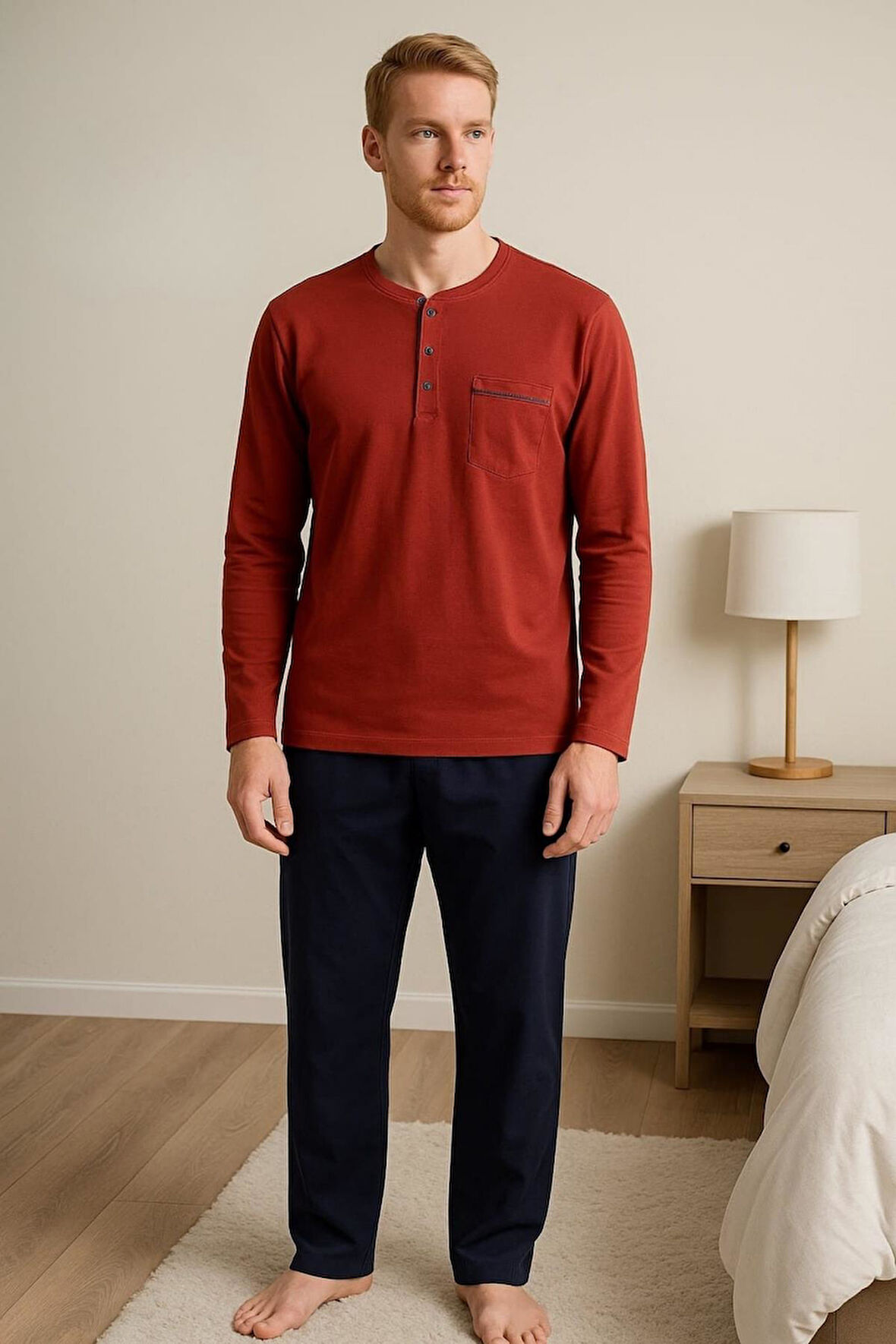 Gd Goldoremi 28301 Erkek 4 Mevsim Rahat Pamuklu Süprem Kumaş Uzun Kollu Pijama Takım