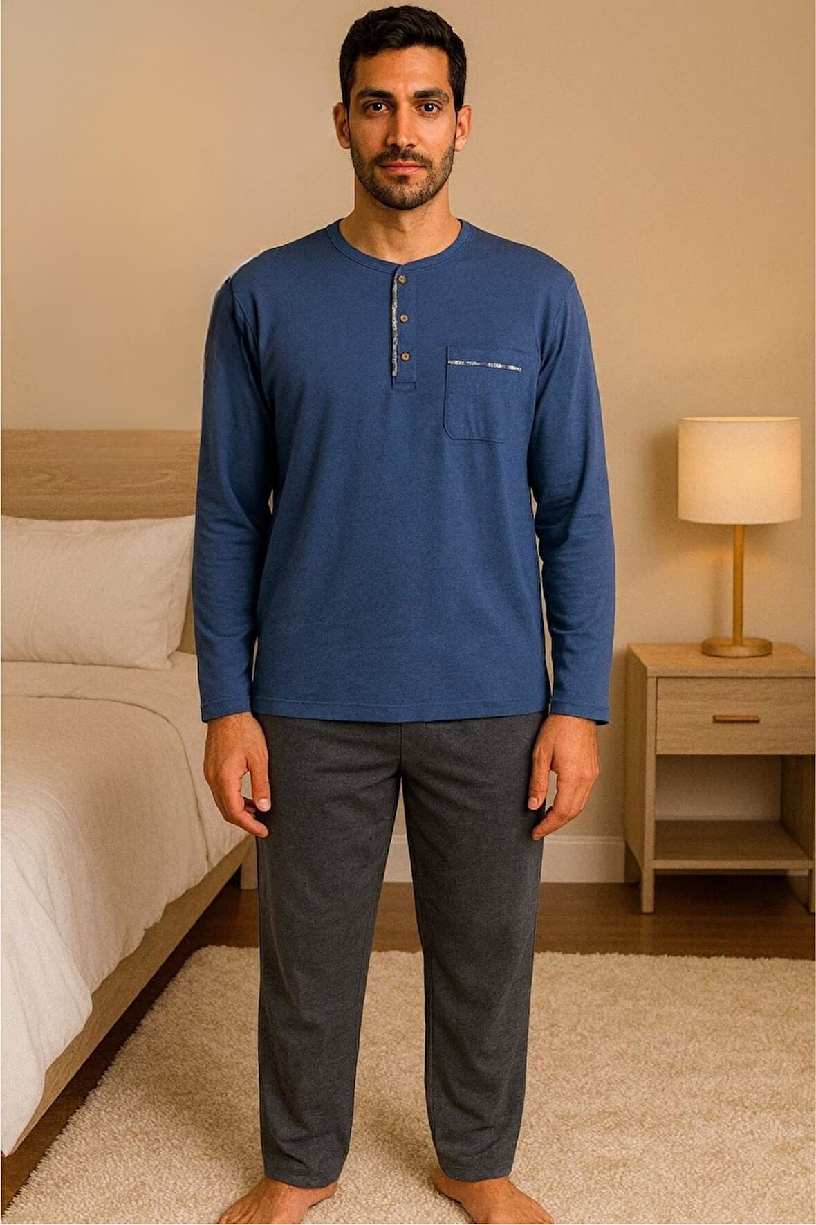 Gd Goldoremi 28301 Erkek 4 Mevsim Rahat Pamuklu Süprem Kumaş Uzun Kollu Pijama Takım