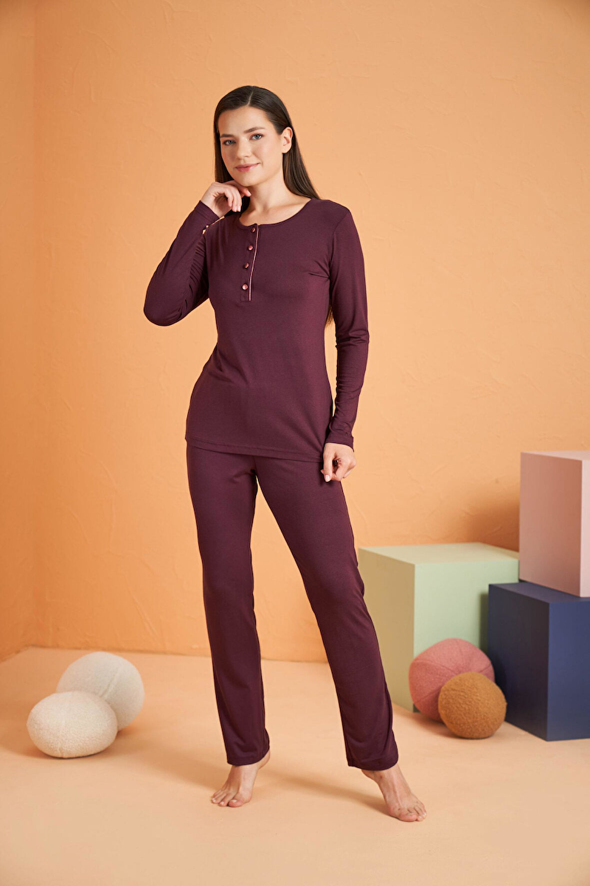 Pjs Kadın Viskon 4 Mevsim Kumaş Düğmeli Uzun Kollu Pijama Takım