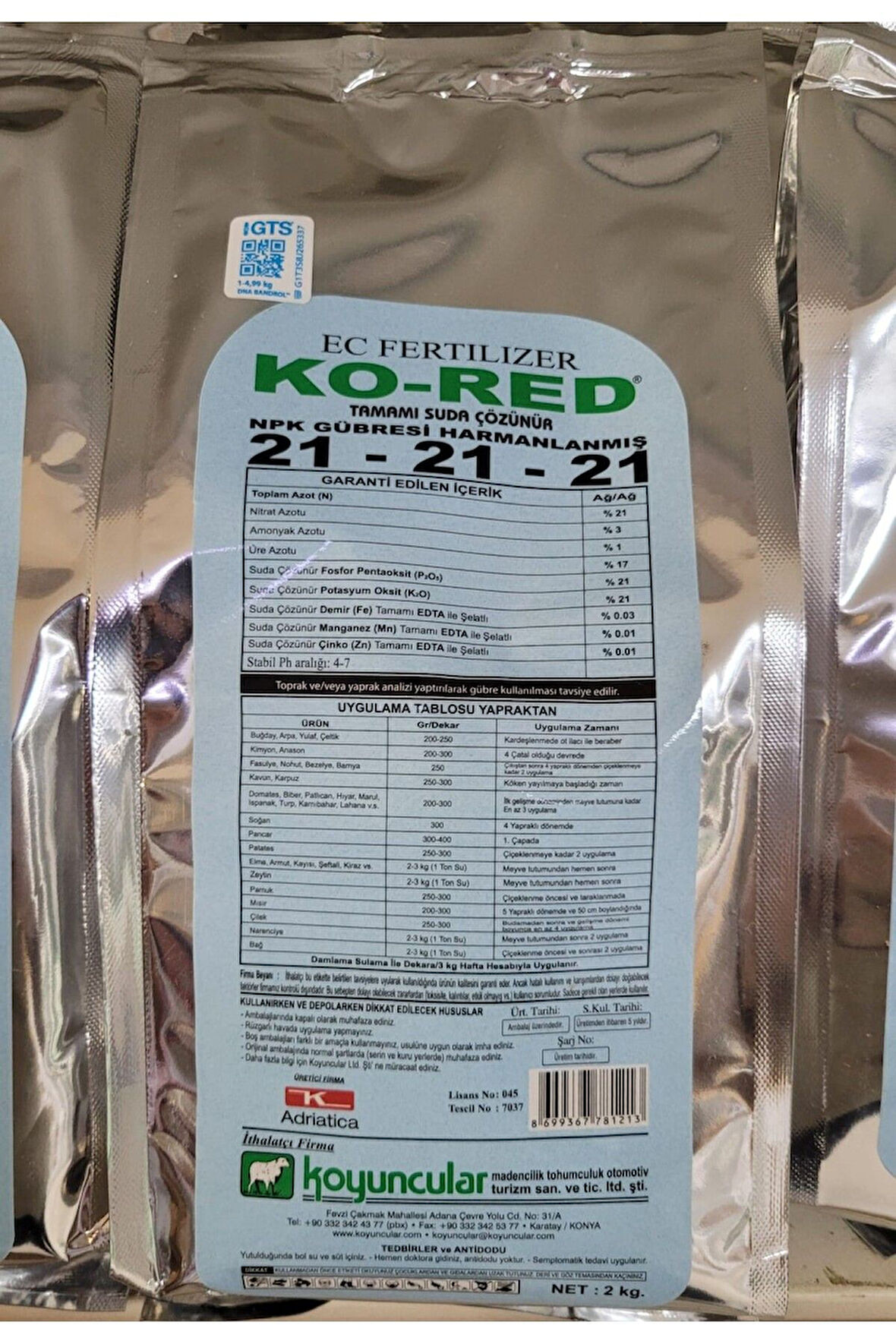 KO-RED 21-21-21 SUDA ÇÖZÜNÜR HARMANLANMIŞ NPK GÜBRE