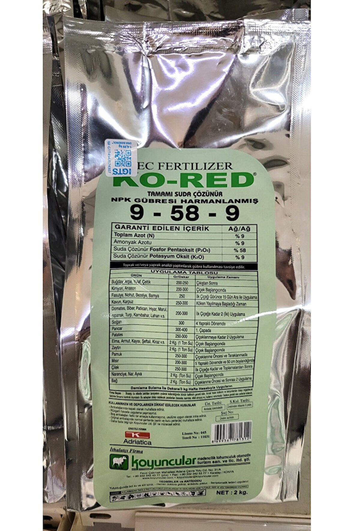 KO-RED 9-58-9 SUDA ÇÖZÜNÜR HARMANLANMIŞ NPK GÜBRE