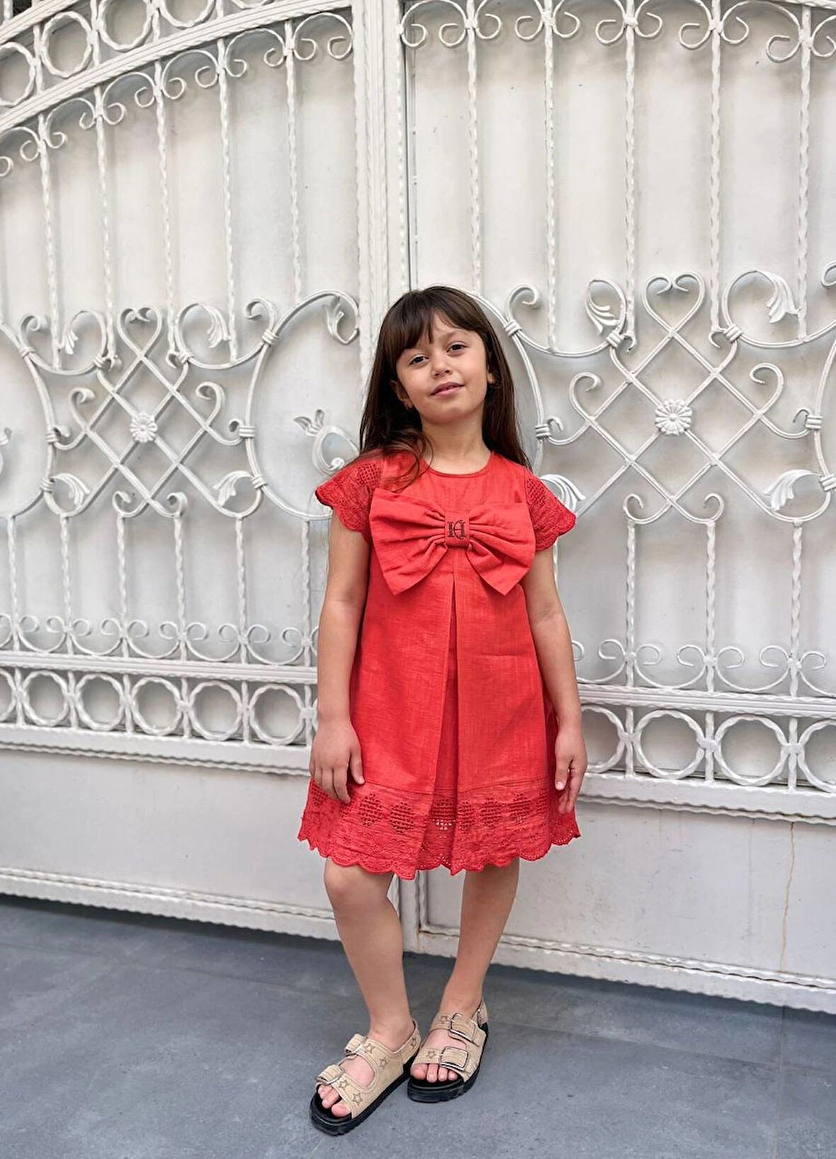 KIZ ÇOCUK NAR ÇİÇEĞİ PAMUKLU KETEN ELBİSE