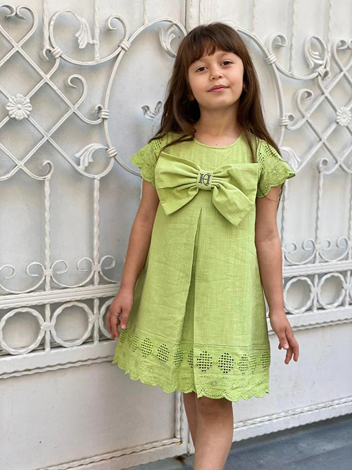 KIZ ÇOCUK YEŞİL PAMUKLU KETEN ELBİSE