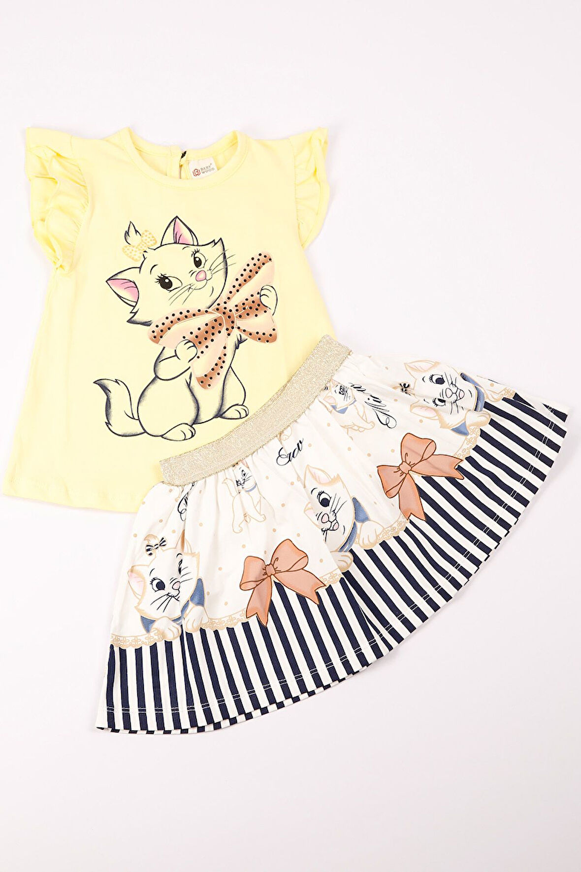 KIZ ÇOCUK TAKIM ETEKLİ KEDİ BASKILI KOL DETAYLI A66