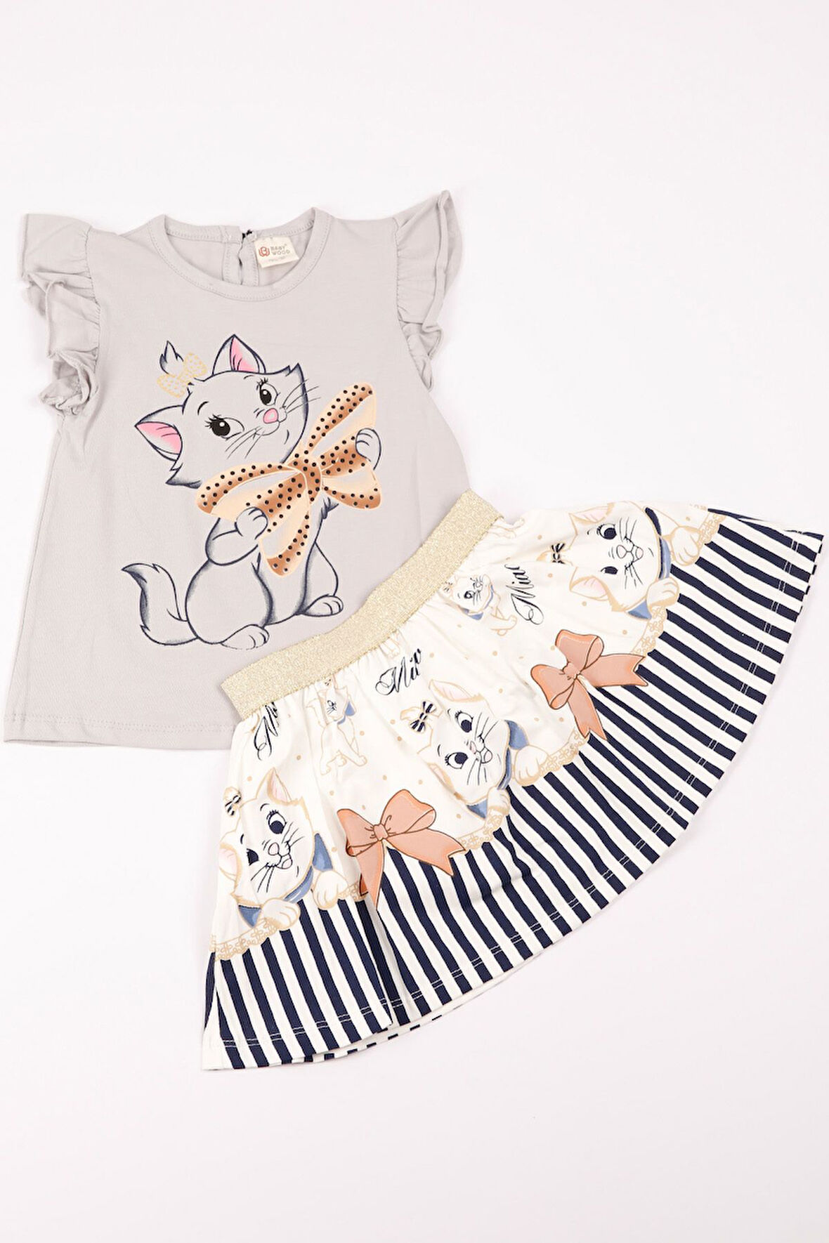 KIZ ÇOCUK TAKIM ETEKLİ KEDİ BASKILI KOL DETAYLI A66