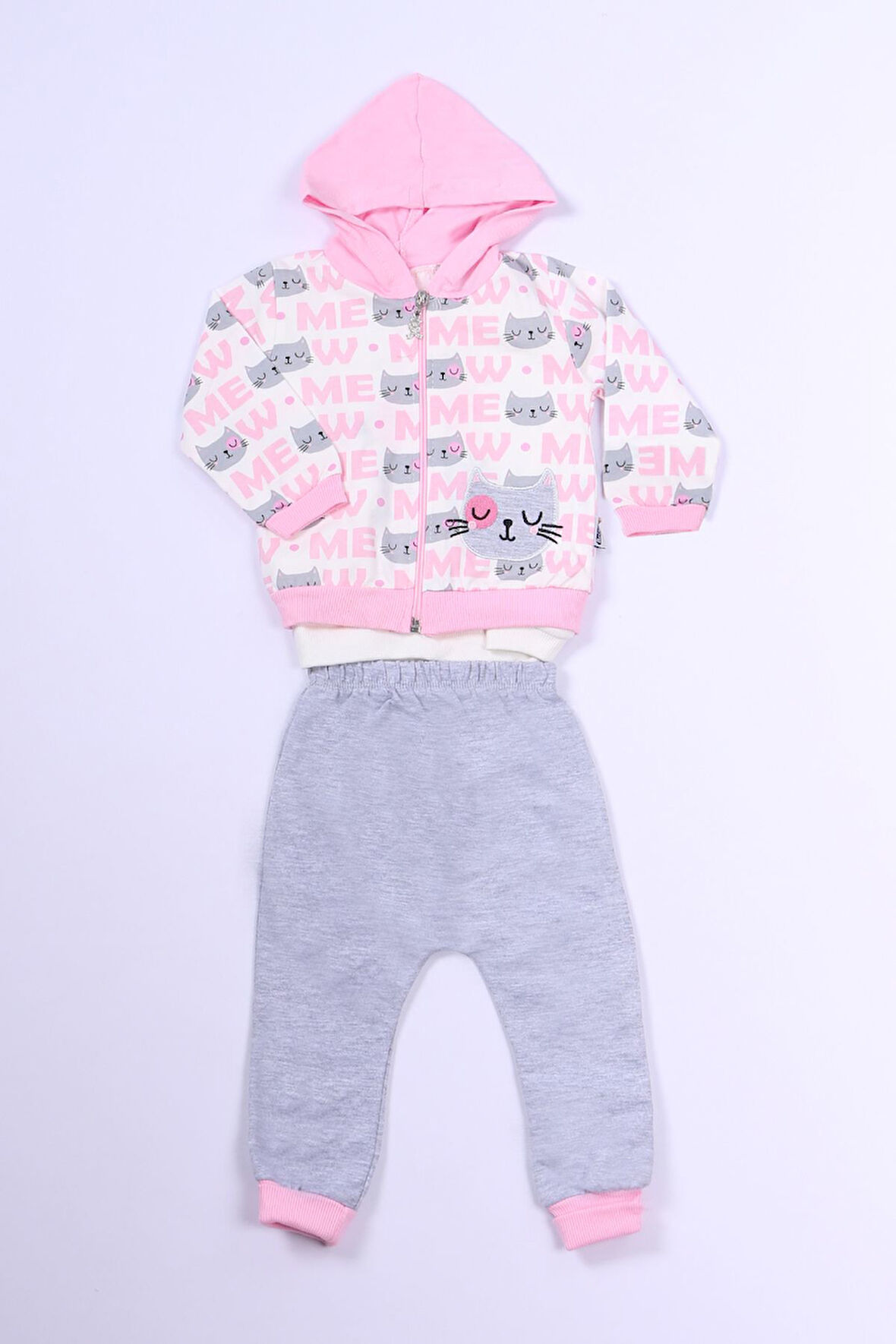 KIZ ÇOCUK 3'LÜ TAKIM KEDİ BASKILI KAPŞONLU FERMUARLI B63