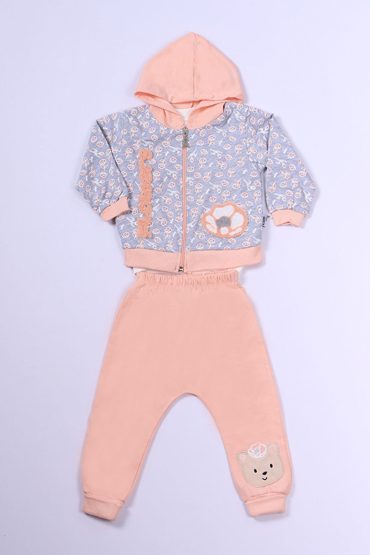 KIZ ÇOCUK 3'LÜ TAKIM AYICIK BASKILI KAPŞONLU FERMUARLI B68