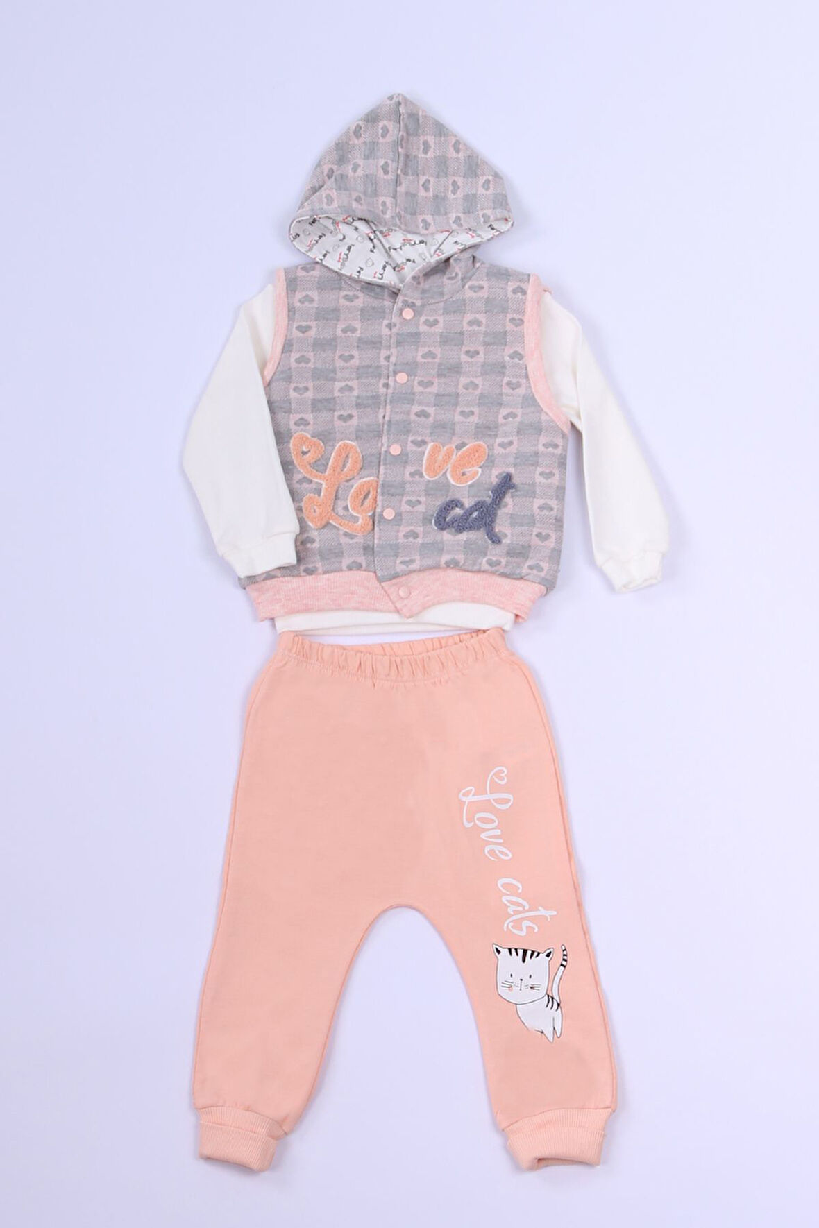 KIZ ÇOCUK 3`LÜ TAKIM KALP BASKILI KAPŞONLU YELEKLİ C1