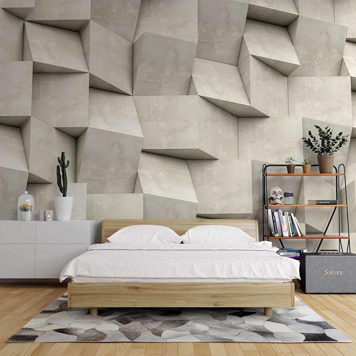 3 Boyutlu Küp Taş Beton Görünümlü Duvar Kağıdı