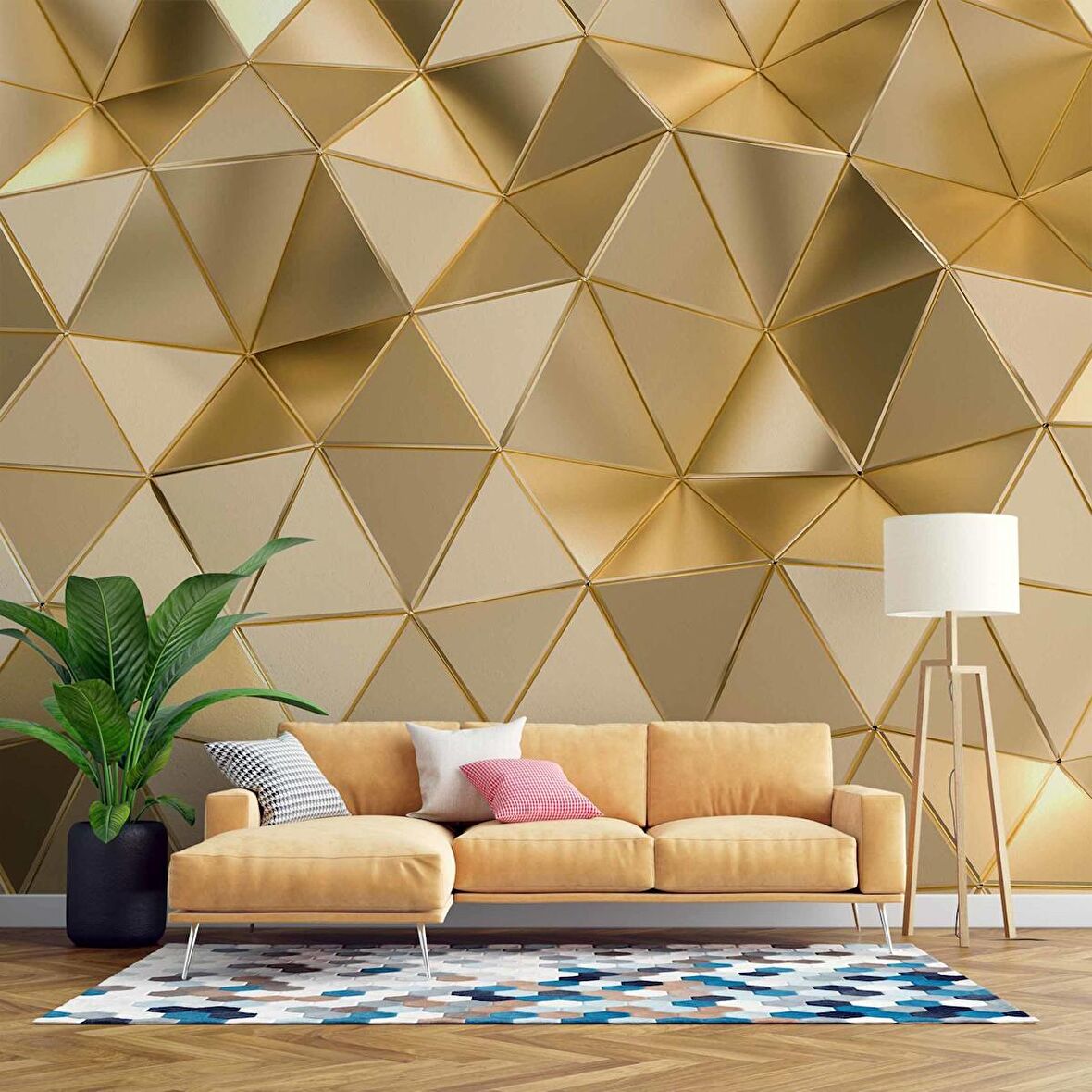 3 Boyutlu Gold Kabartma Görünümlü Prizma Duvar Kağıdı Baskı