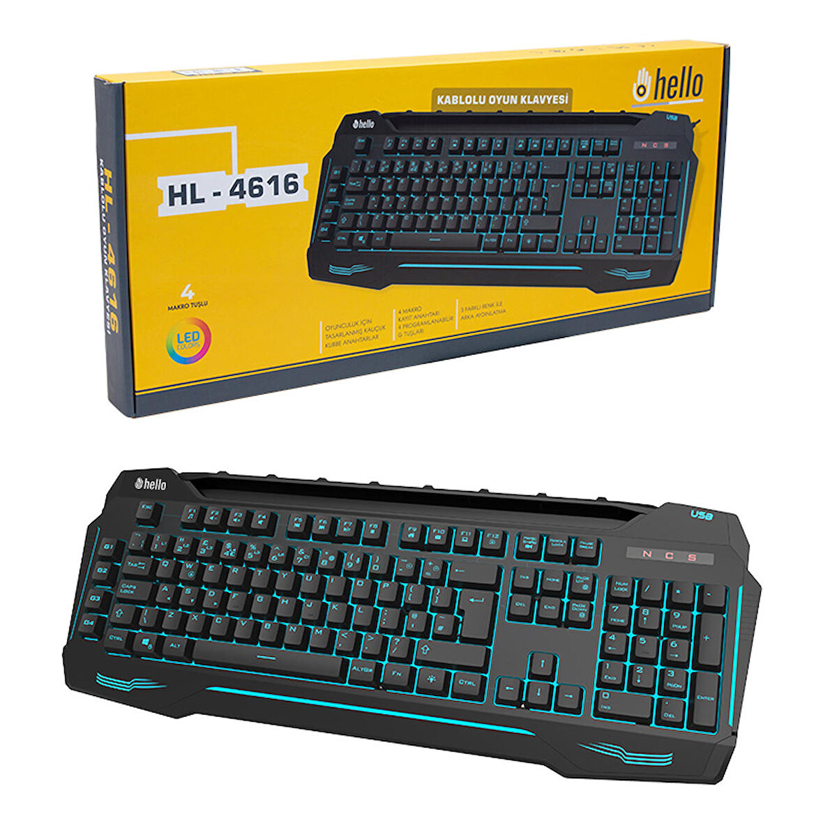 HELLO HL-4616 4 MAKRO TUŞLU 3 RENK IŞIKLI KABLOLU GAMING OYUNCU KLAVYE (4324)