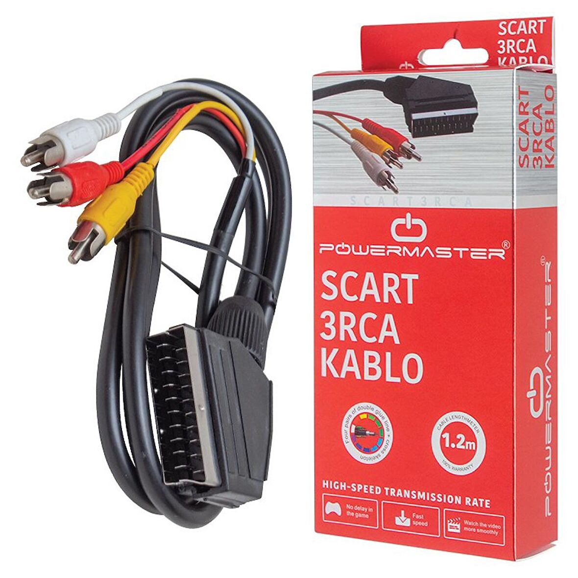 SCART 3 RCA KABLO 1.2 METRE 7 MM SİYAH * SCART TOS KABLO KUTULU (4324)