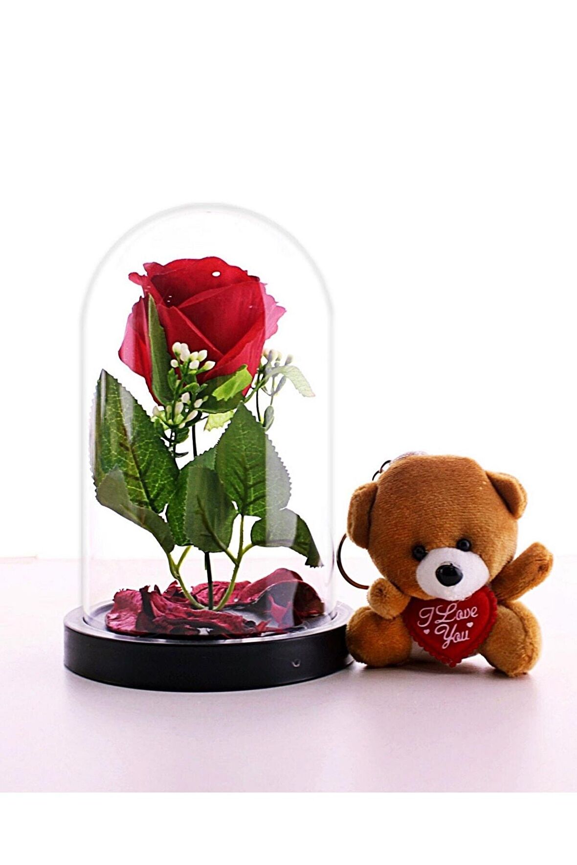 Sevgiliye Eşe Sürpriz Hediye Fanusta Kırmızı Gül Ve Mini Ayıcık Set Sevgiliye Hediye
