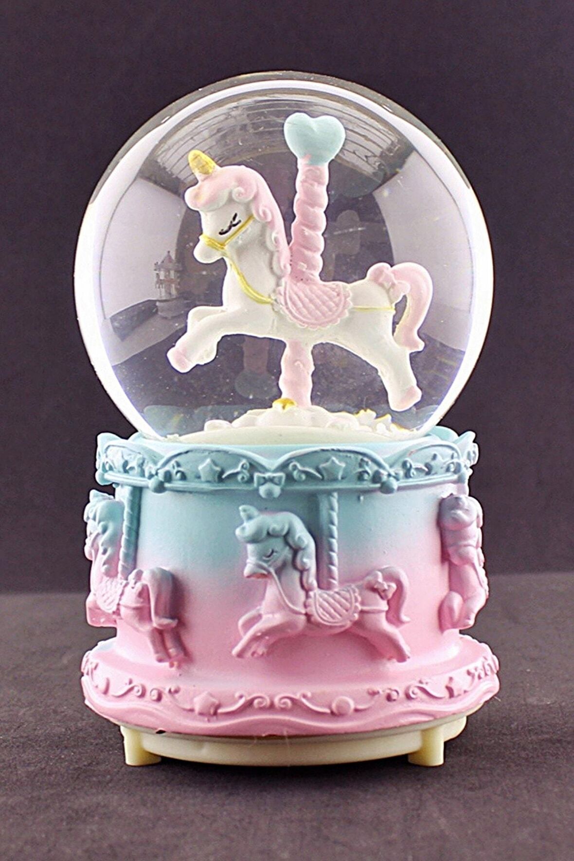 Sevgiliye Hediye Unicorn Pembe Mavi Orta Boy Kar Küresi Işıklı Müzikli 12cm Boy