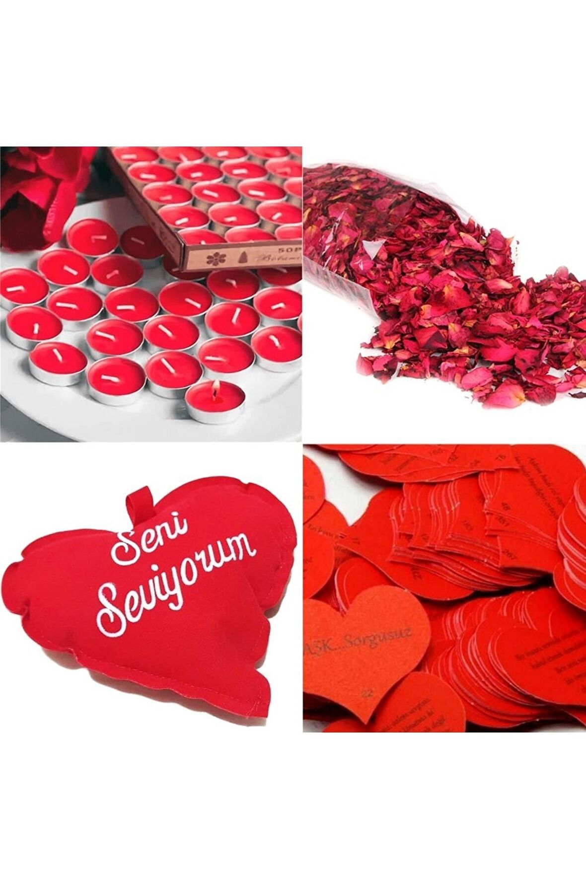 Sevgiliye 2000 Adet Kuru Gül 50 Adet Tealight Mum 365 Gün Söz Kartları 3 Adet Seni Seviyorum Yastık