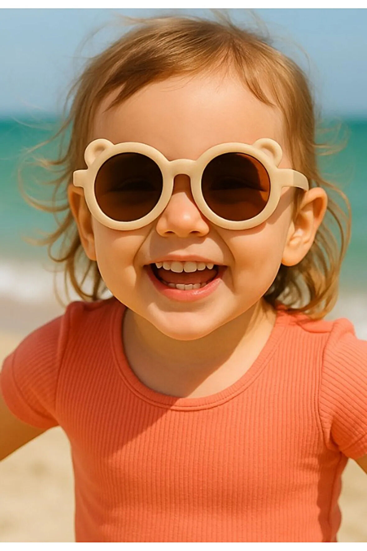 Sevimli Çocuk Güneş Gözlüğü Bej Ayıcık Çerçeve UV 400 Korumalı CE Belgeli Kids Çocuk Güneş Gözlüğü