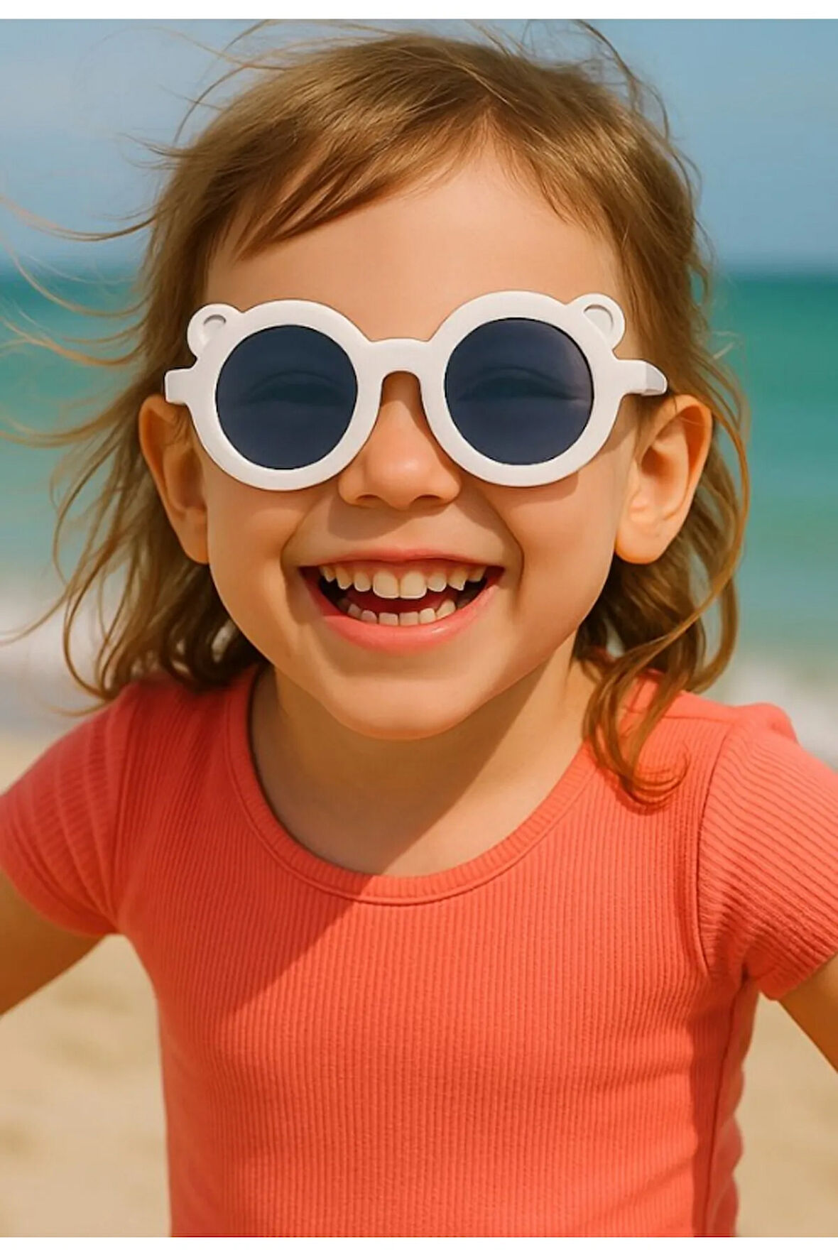 Sevimli Çocuk Kids Güneş Gözlüğü Beyaz Ayıcık Çerçeve UV 400 Korumalı CE Belgeli Çocuk Güneş Gözlüğü