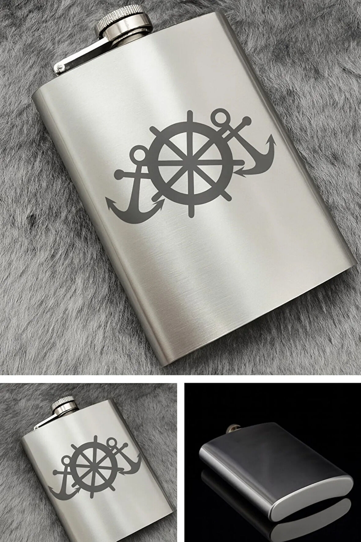 Paslanmaz Çelik Cep Matarası Denizci Çapa Temalı 9 Oz 266 Ml İçecek Cep Matarası