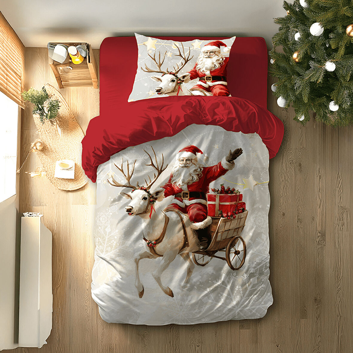 Noel Baba Temalı Baskılı Tek Kişilik Nevresim Takımı