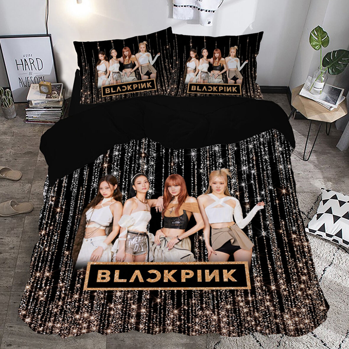 Siyah Black Pink Temalı Baskılı Çift Kişilik Nevresim Takımı