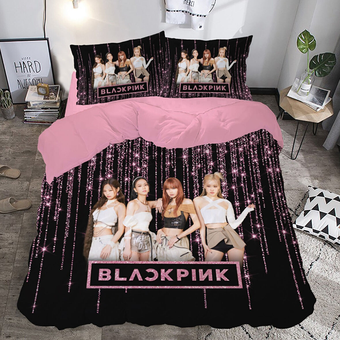Pembe Star Black Pink Temalı Baskılı Çift Kişilik Nevresim Takımı