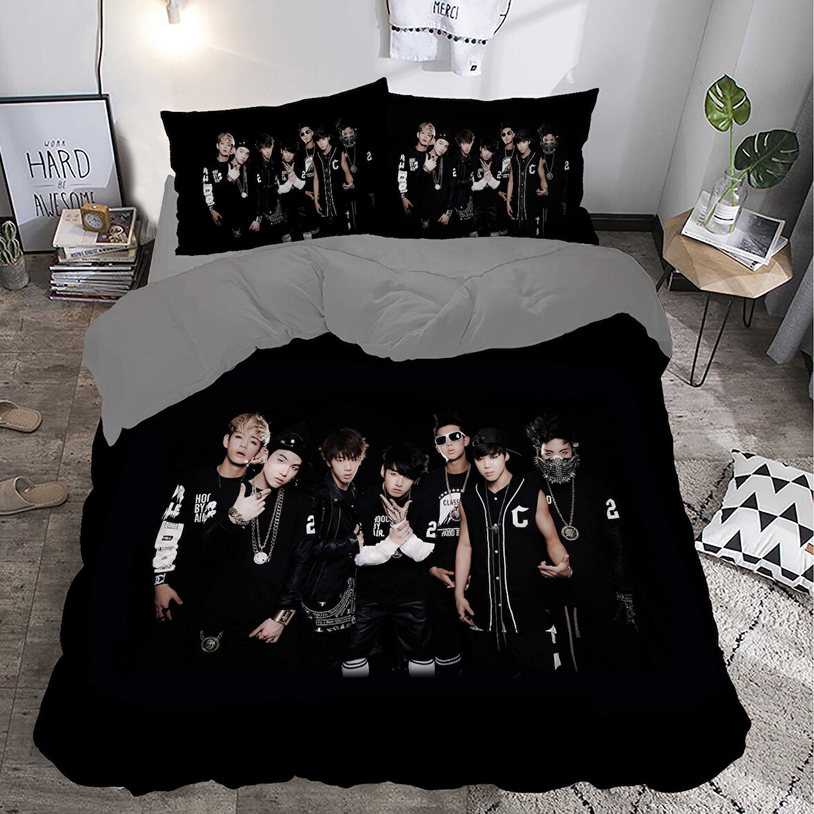 Siyah BTS Grup Temalı Baskılı Çift Kişilik Nevresim Takımı