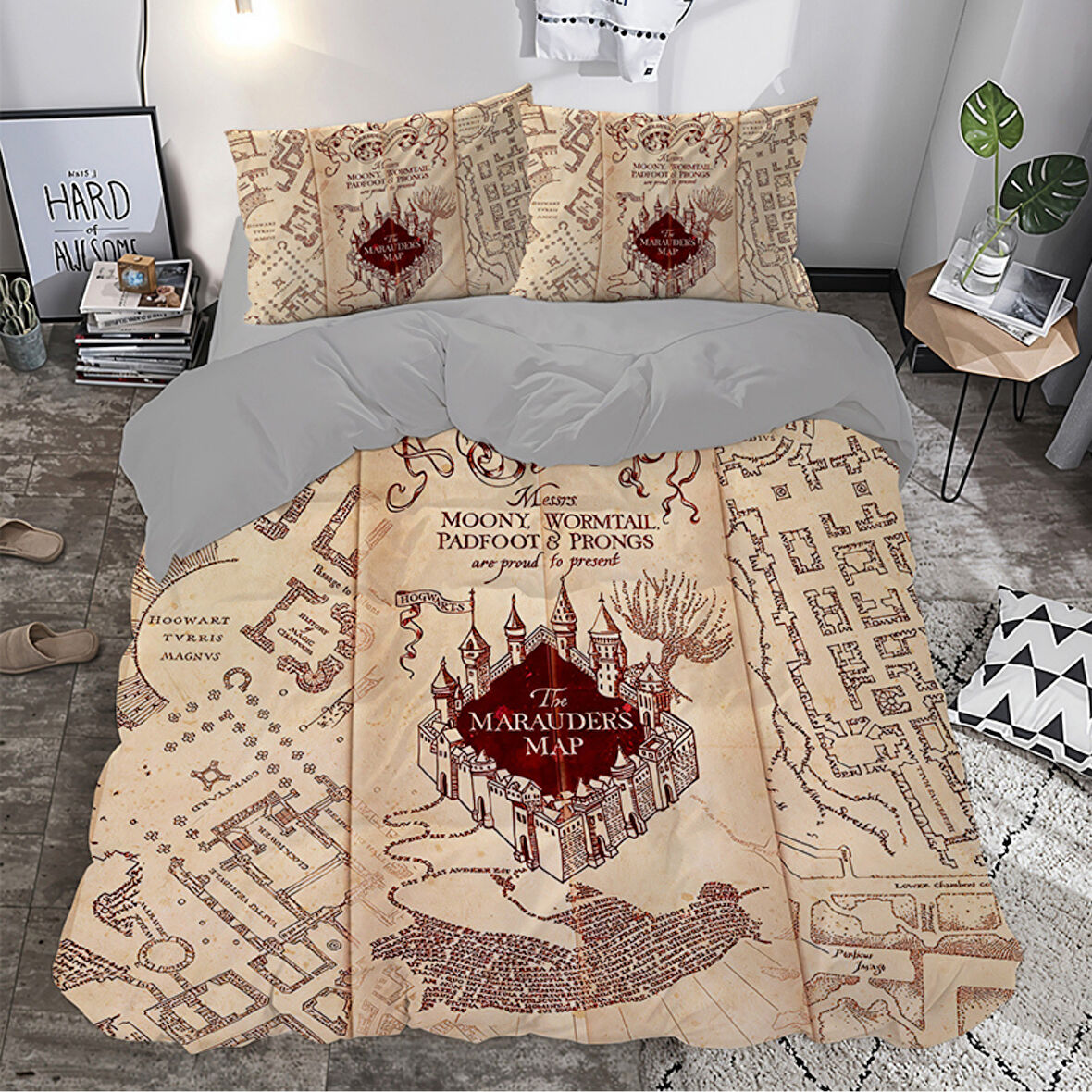 Marauders Map Temalı Baskılı Çift Kişilik Nevresim Takımı