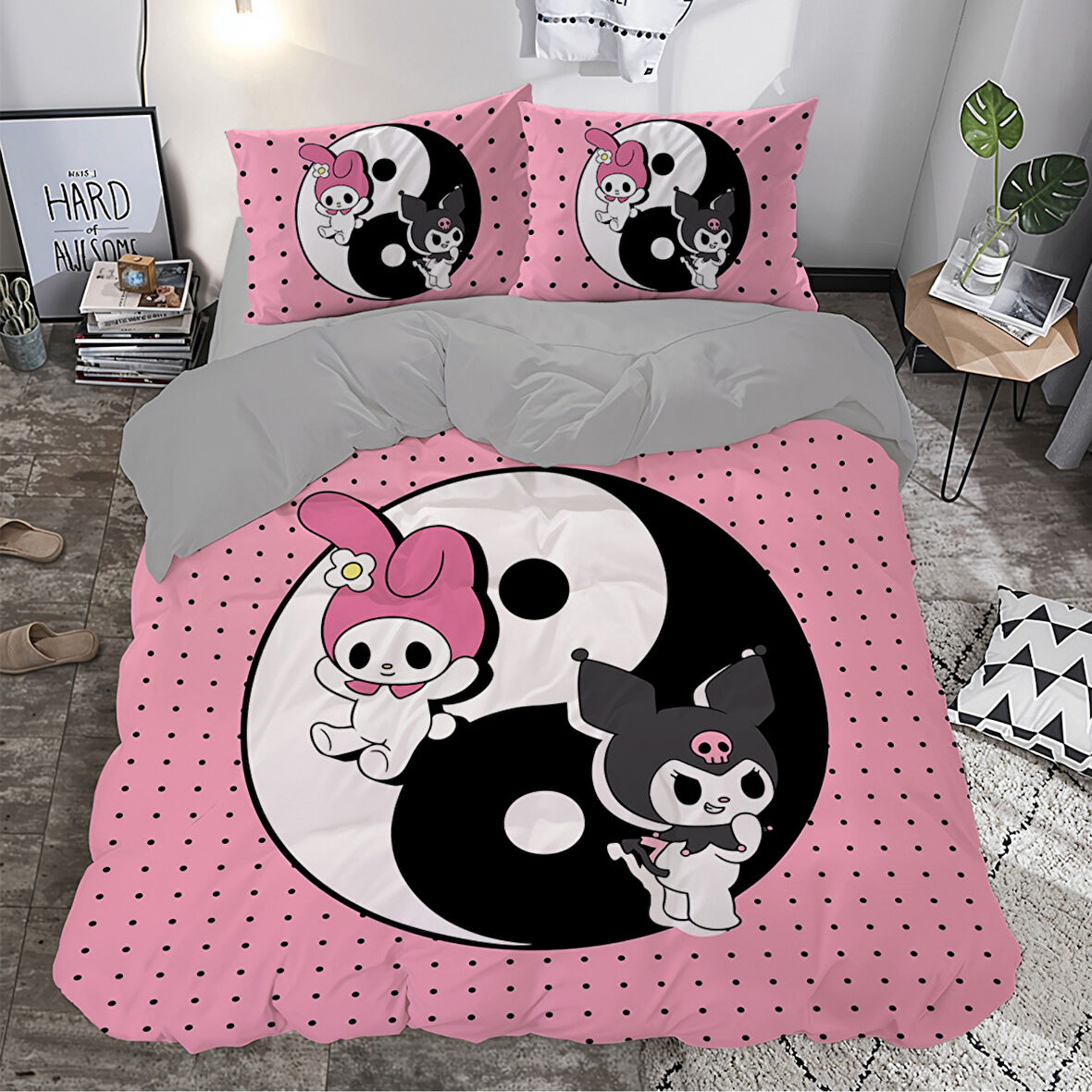 Kuromi Ying Yang Temalı Baskılı Çift Kişilik Nevresim Takımı