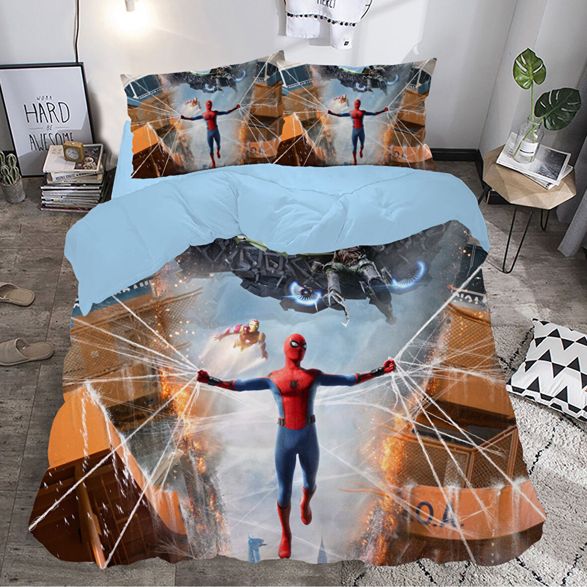 Mavi Spiderman Temalı Baskılı Çift Kişilik Nevresim Takımı