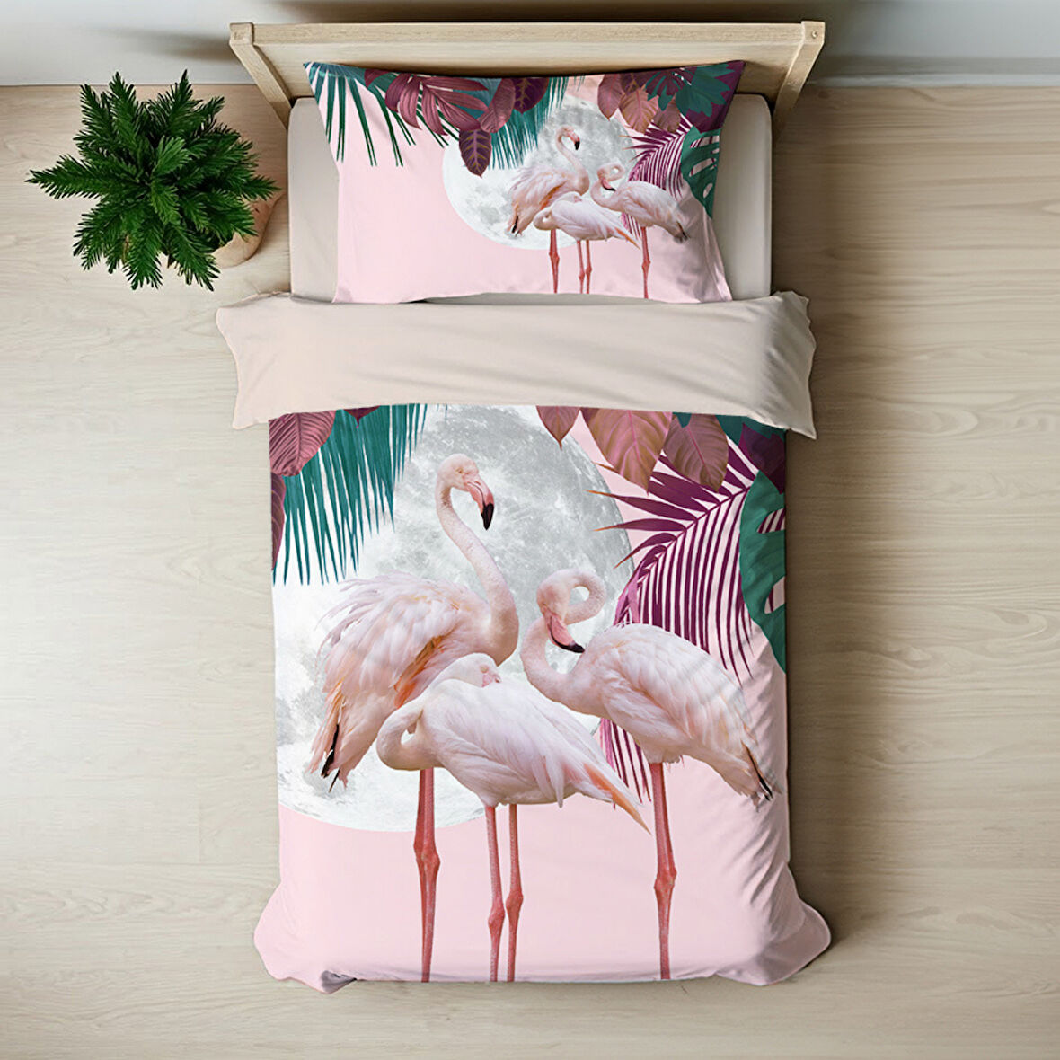Pembe Flamingo Temalı Baskılı Tek Kişilik Nevresim Takımı