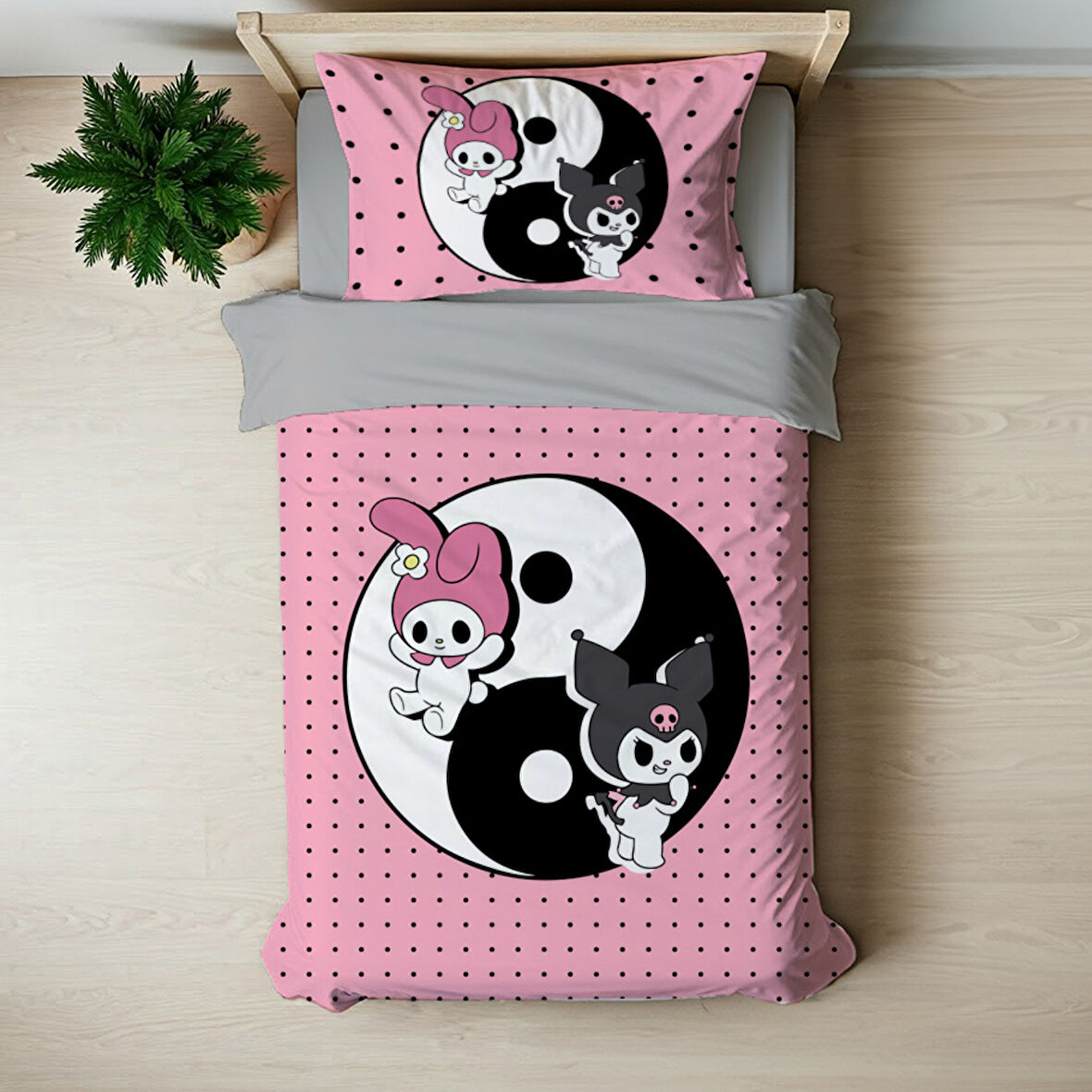 Kuromi Ying Yang Temalı Baskılı Tek Kişilik Nevresim Takımı